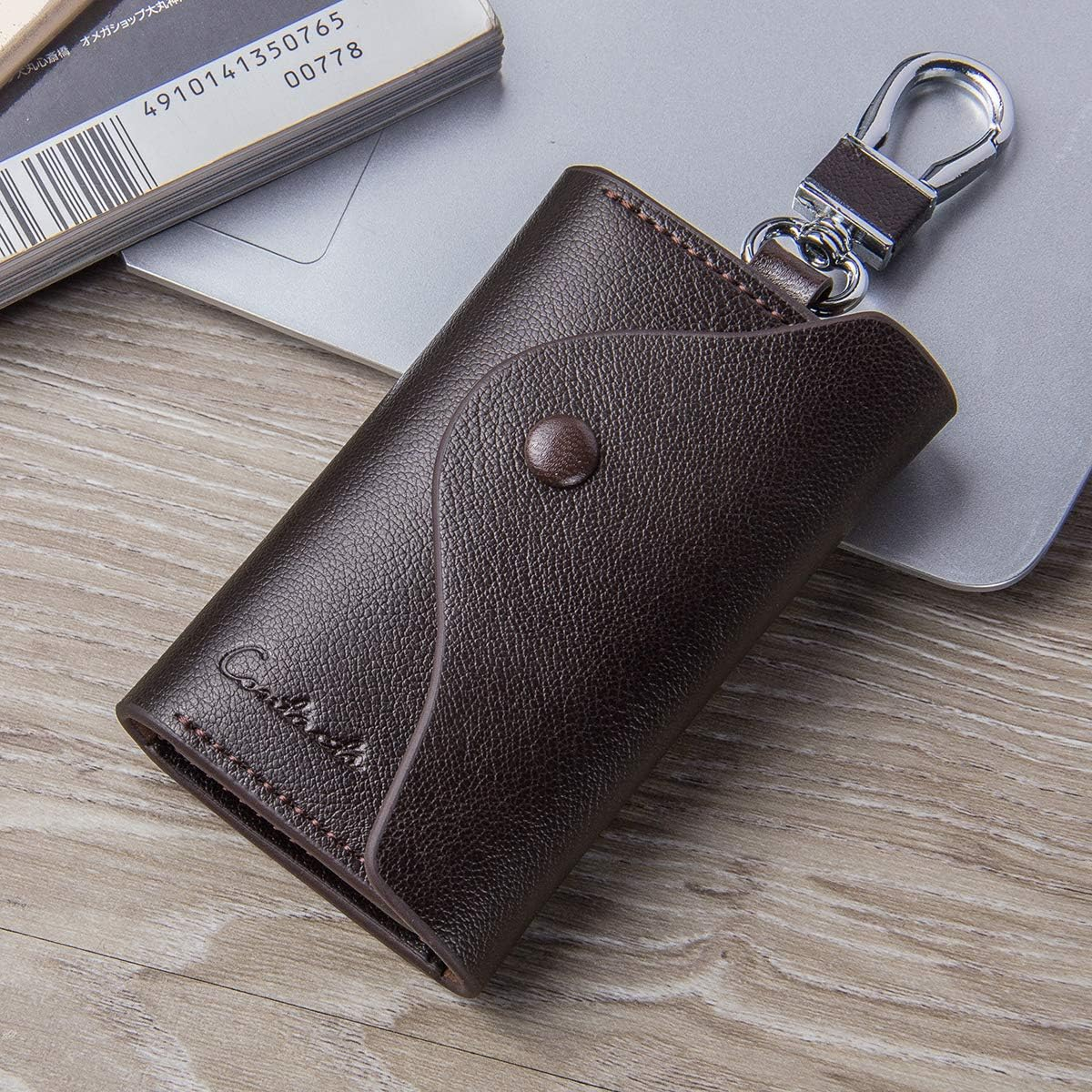 Contacts Car Key Case for Men and Women Small Leather Key Holder Key Cover with 6 Keychains image number 6