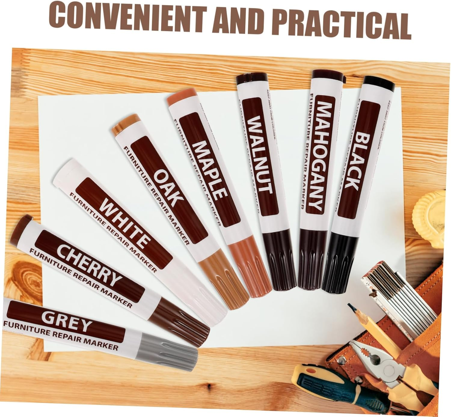HOMSFOU 8Pcs Furniture Touch-Up Markers Wood Scratch Repair Pen Portable Paint Markers for Wood Floor Repair Kit Furniture Repairing Supplies image number 3