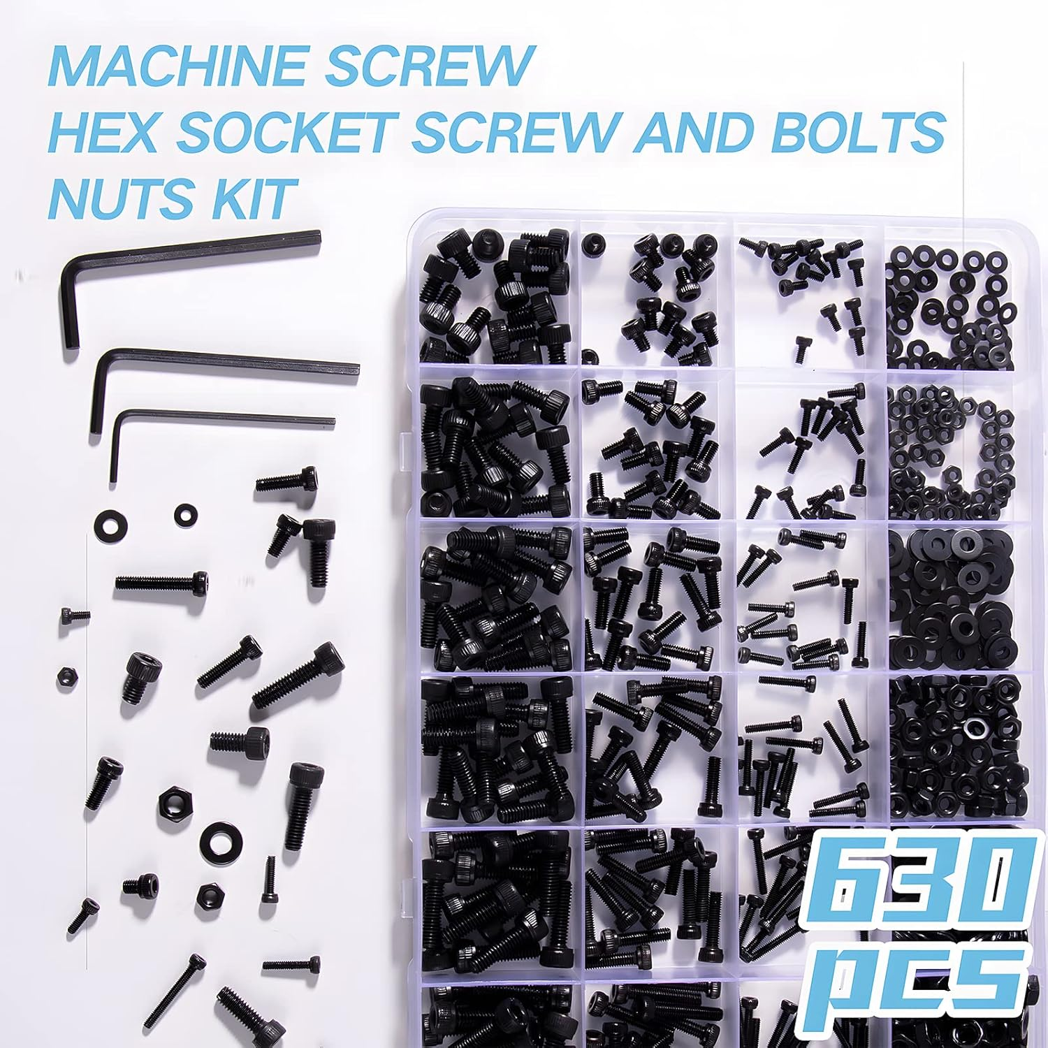 Zmbroll Hex Socket Head Cap Screws Black Bolts Nuts Washers 630Pcs M2 M3 M4 12.9 Grade Alloy Steel Allen Socket Drive Machine Screws Fully Threaded Screws Assortment Kit image number 2
