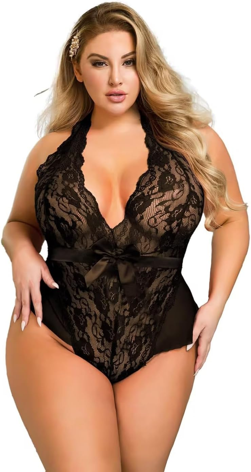 Ohmydear Women'S Lace Bodysuit plus Size Teddy Lingerie Set Sexy Babydoll Nightwear Deep V Neck Halter Negligee Outfit Clubwear Leotard Top Size 8-22