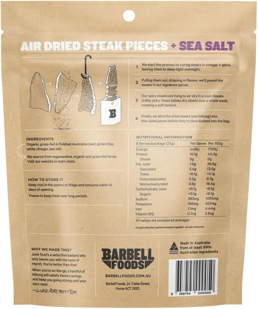 Barbell Biltong Air Dried Steak, Mixed Box, 6X200G Bags, Grass-Fed Beef, High Protein Meat Snack