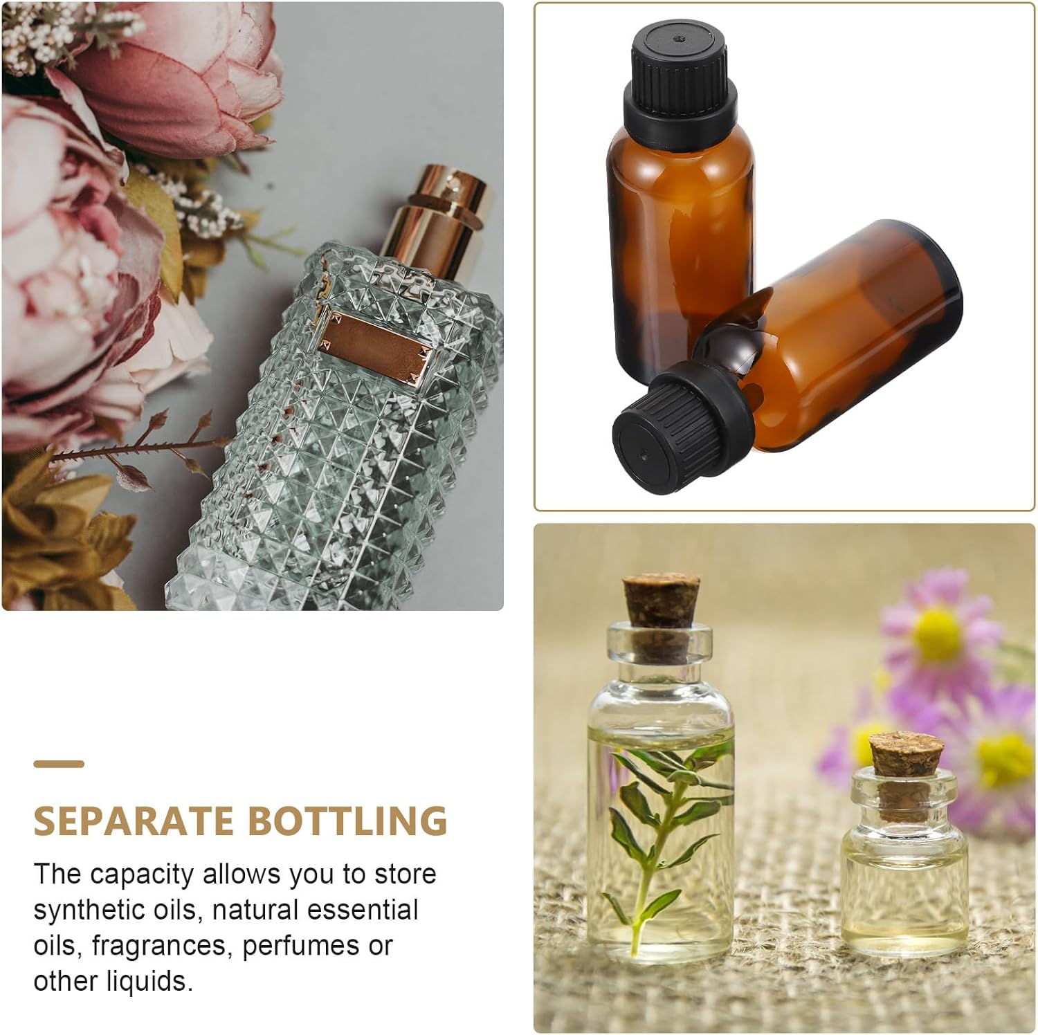 MOBUTOFU 12Pcs 30ML Amber Glass Essential Oil Bottles with Large Cap and Dropper Insert, Refillable Perfume and Makeup Storage Containers for Travel and Home Use image number 5