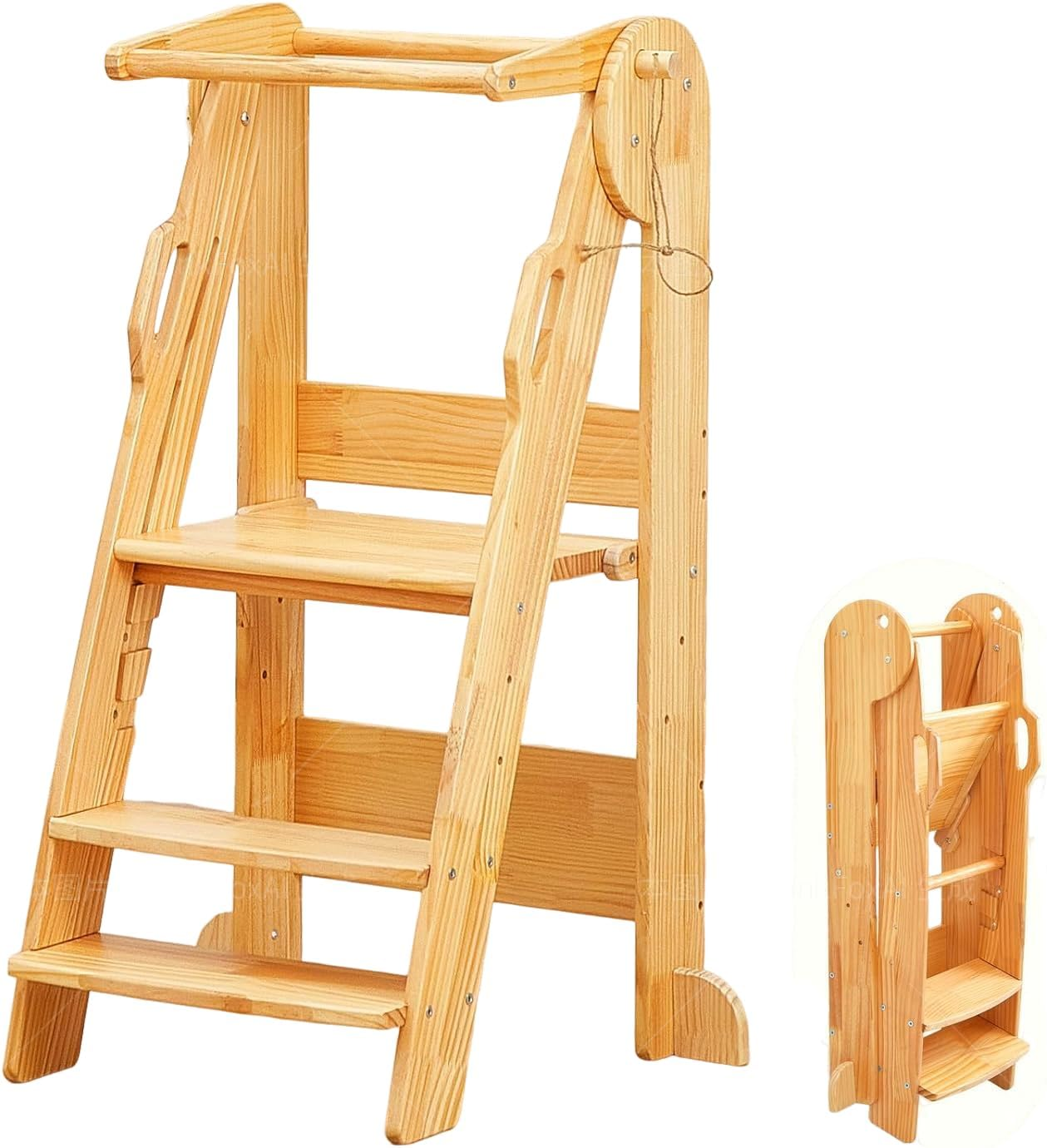 Foldable Toddler Kitchen Tower, Baby Montessori Kitchen Helper with Safety Rail, Kids Wooden Learning Tower Adjustable Learning Step Stool (Wood) image number 4