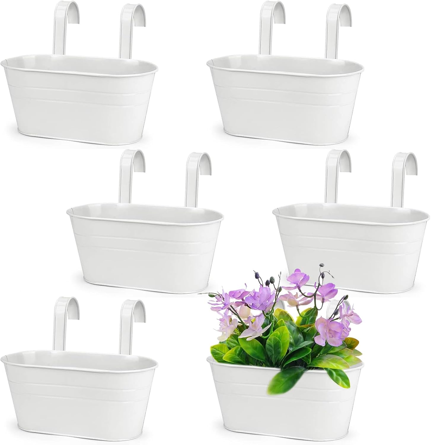 Zalizr 6 PCS Balcony Railing Planters, Metal Iron Hanging Flower Pots for Fence, Porch, Railing, and Balcony, Indoor/Outdoor Garden Decoration with Detachable Hooks (White) image number 1