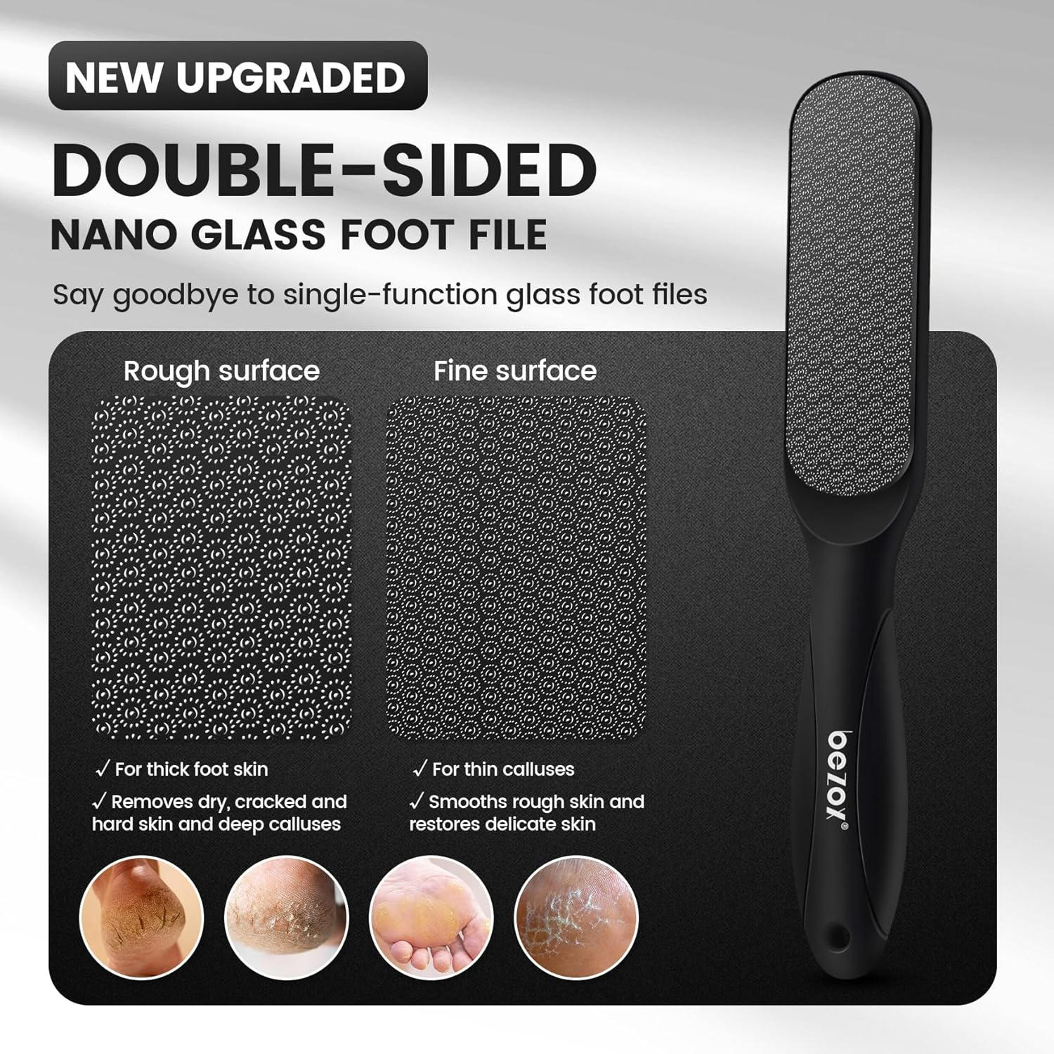 BEZOX Double-Sided Glass Foot File Callus Remover(1 PCS), Foot Scrubber for Dead Skin, Smooth Feet Pedicure Tools for Feet, Pumice Stone for Feet, Heel Scraper for Cracked Heels - Black image number 2