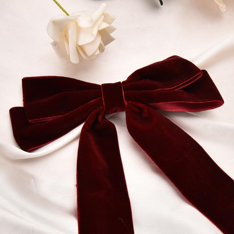 Velvet Bows for Girls Red Ribbon Bow Hair Clip Long Tail French Hair Barrettes for Women Velvet Christmas Bows for Hair Dark Red Bow Hair Accessories for Toddlers Alligator Clip image number 3