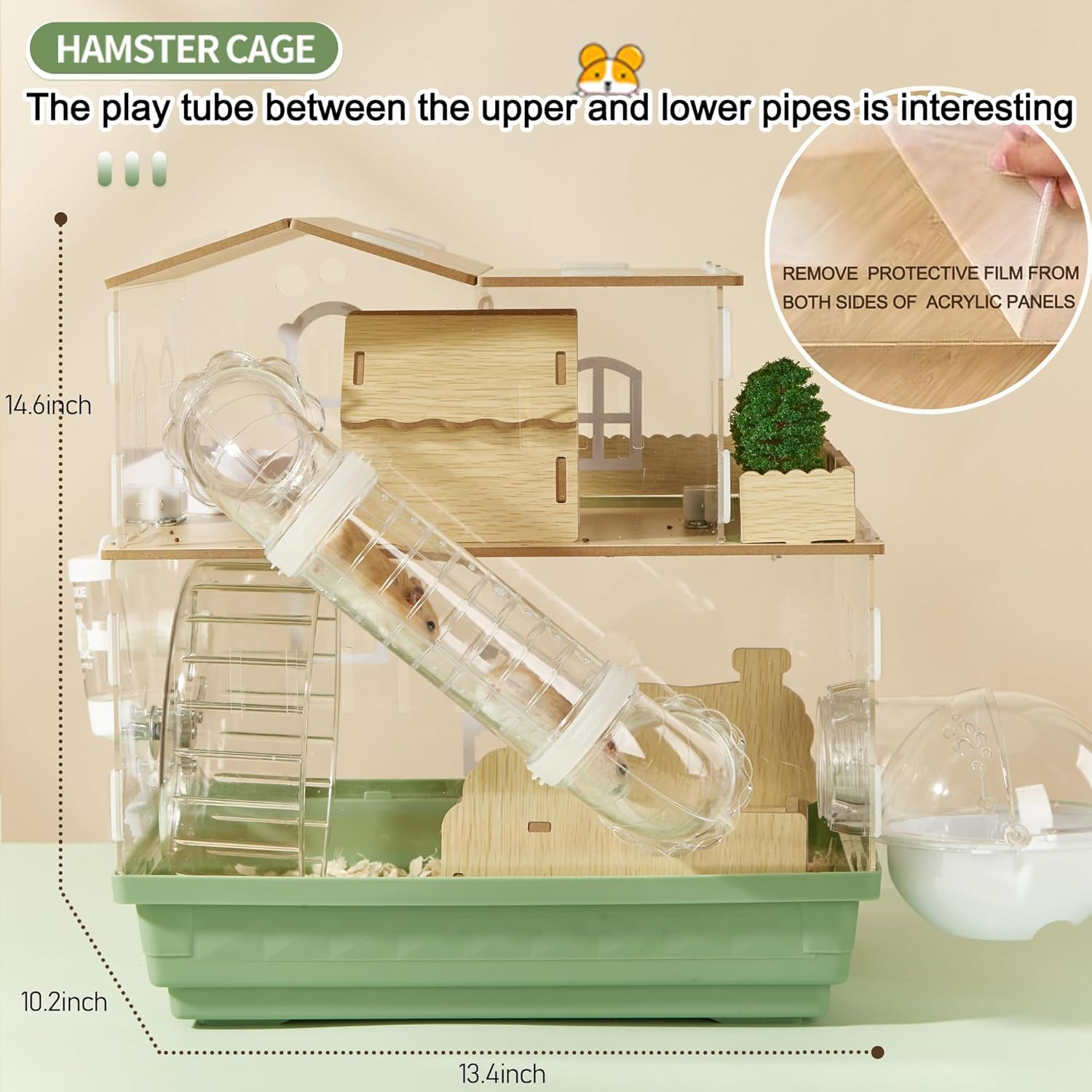 Acrylic Hamster Cage with Accessories, 34Cm L X 25Cm W X 38Cm H, 12-In-1 Clear Garden Style Mouse Enclosure (2-Layer) image number 5