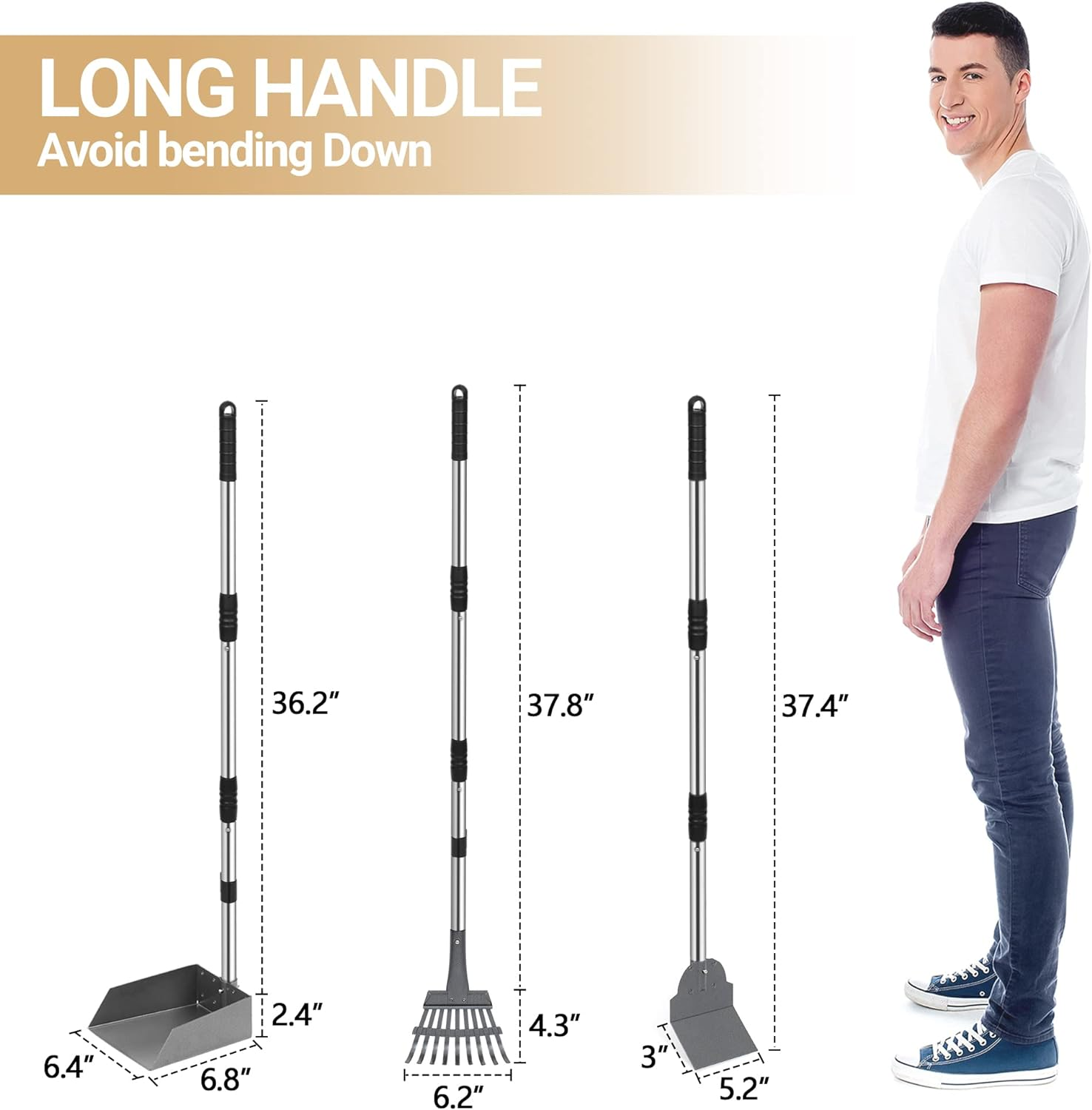 Heeyoo Dog Pooper Scooper, Dog Poop Tray and Rake Set, Pet Waste Removal Scoop with Long Adjustable Sectional Stainless Handles - Black/Red image number 4