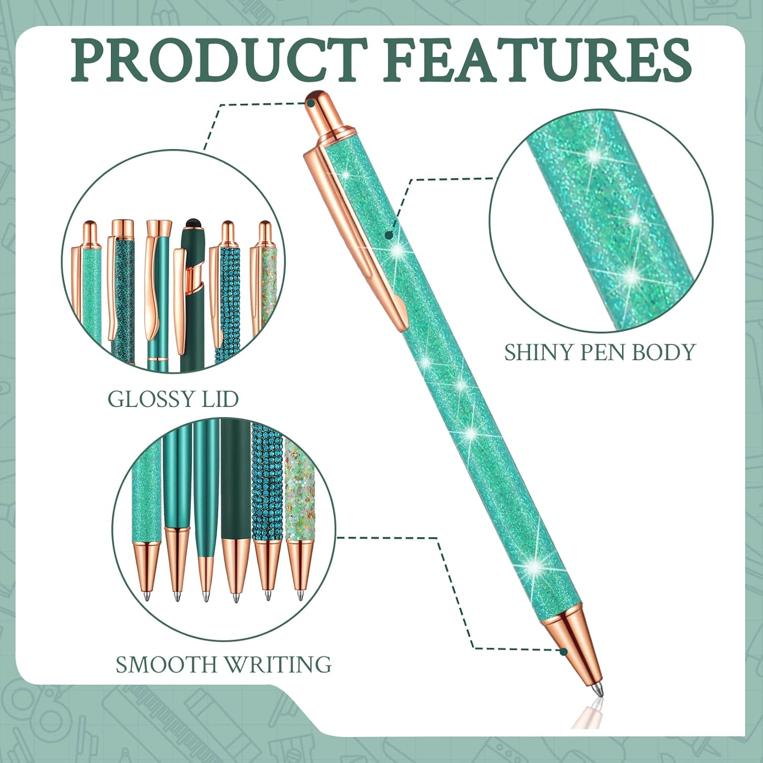 Yaomiao 9 Pcs Ballpoint Pens Set for Women Metal Crystal Diamond Pen Glitter Black Ink Pen Fancy Pens for Women Christmas Birthday Wedding Gift(Malachite Blue) image number 3