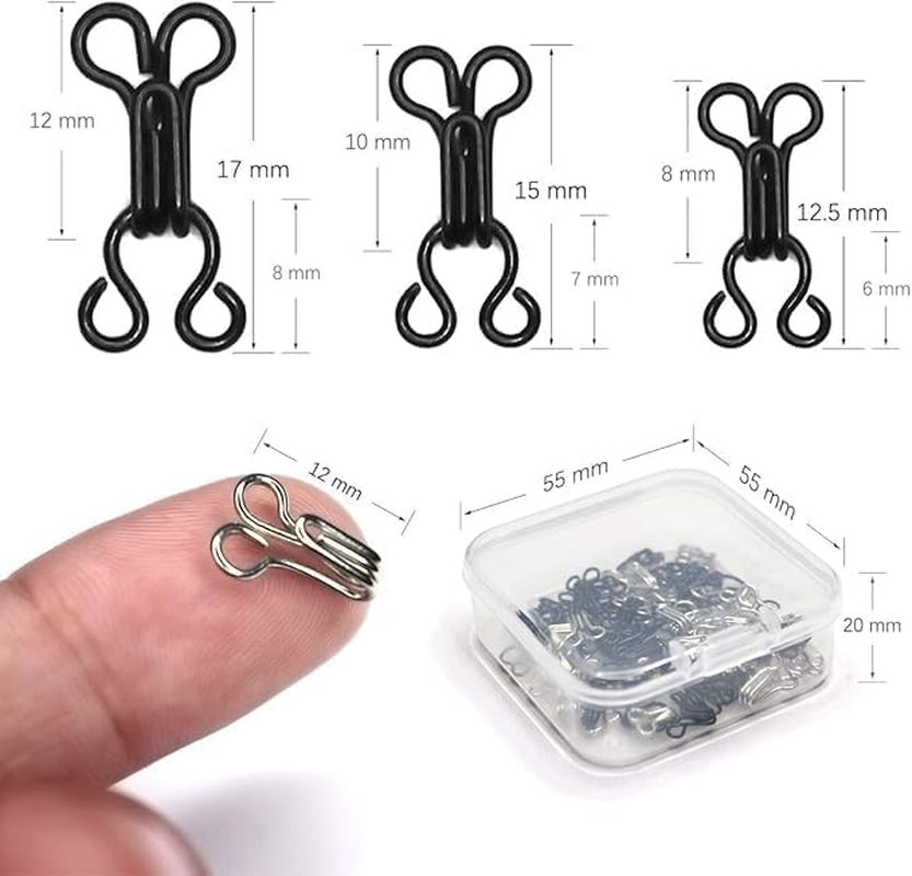 Bra Hooks,102 Set Hook and Eye Latch for Clothing,Strong Metal Bra Hooks Eyes Black and Silver, 3 Sizes, 12.5/15/17Mm, Silver/Black image number 3
