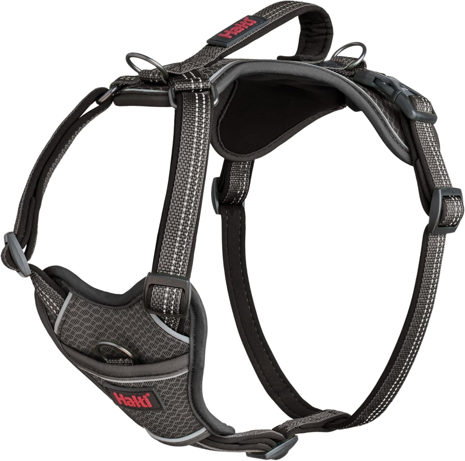 HALTI Anatomy Dog Harness with Handle - Provides Your Dog Freedom of Movement for Comfortable Walking. 3 Lead Attachment Points, Neoprene Padded, Adjustable, and Reflective (Size Large, Grey)