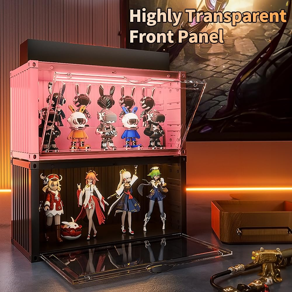 Clear Acrylic Display Case with Light,Container Dustproof Protection Display Box for Collectible Pop Figures and Toys,Toys Not Included,13.8 in X 7.5 in X 6.7 in (Pink) image number 2