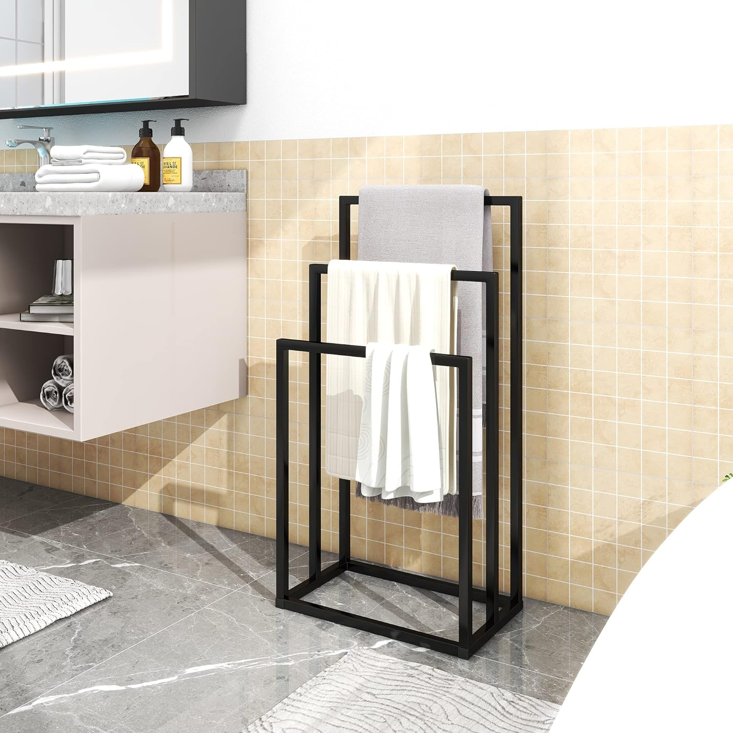 3 Tiers Freestanding Towel Racks for Bathroom, Metal Towel Rack Standing Towel Holder Drying Hand Towel Stand Holder, Black image number 3