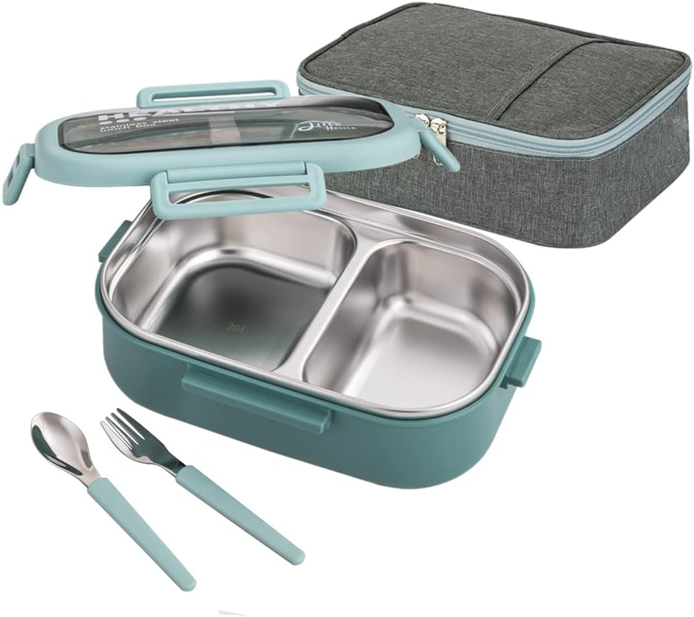 Lille Home 28Oz Stainless Steel Leakproof 2-Compartment Bento Lunch Box/Portion Control Food Container with Lunch Bag and Cutlery Set, BPA Free (Green)