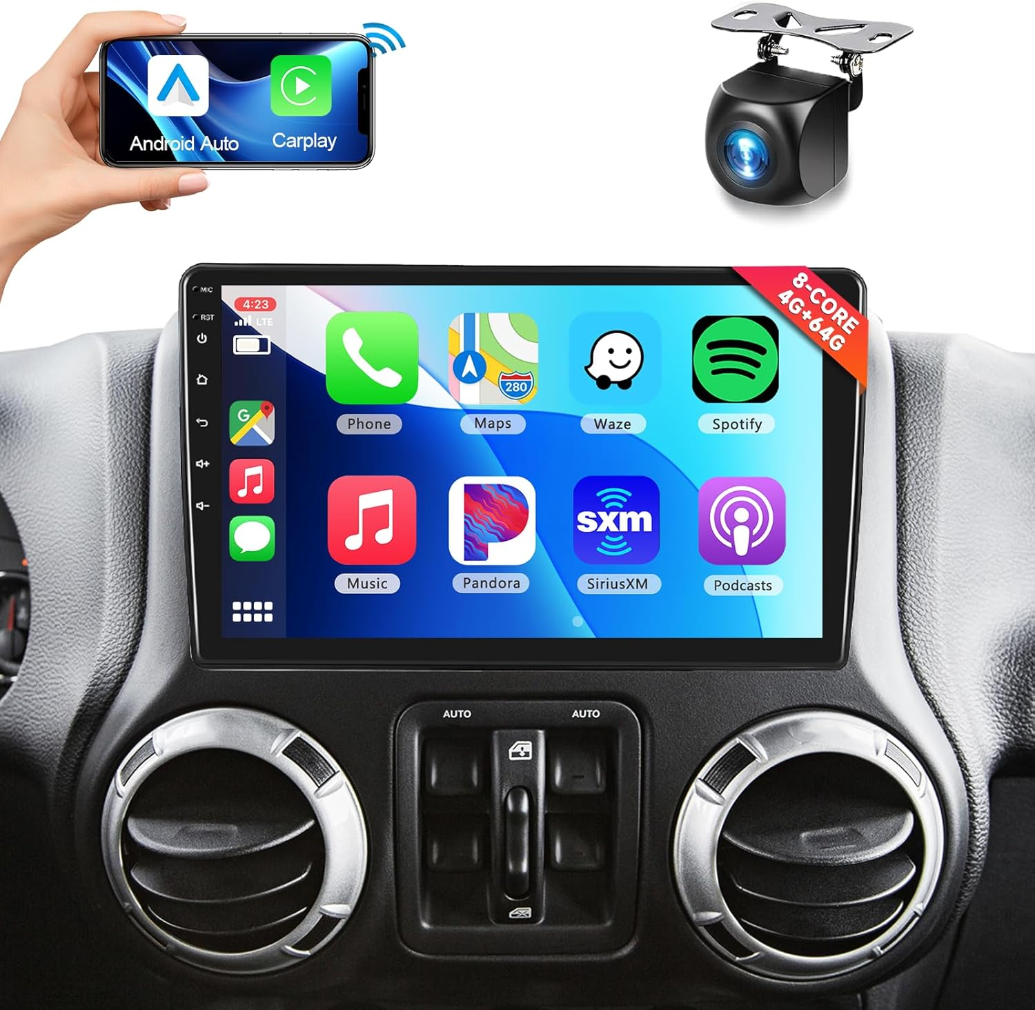 8 Core 4G+64G for Jeep Wrangler JK Compass Grand Cherokee Dodge Ram Radio, 10.1 Inch Touch Screen with Wireless Carplay/Android Auto/Gps/Backup Camera image number 1