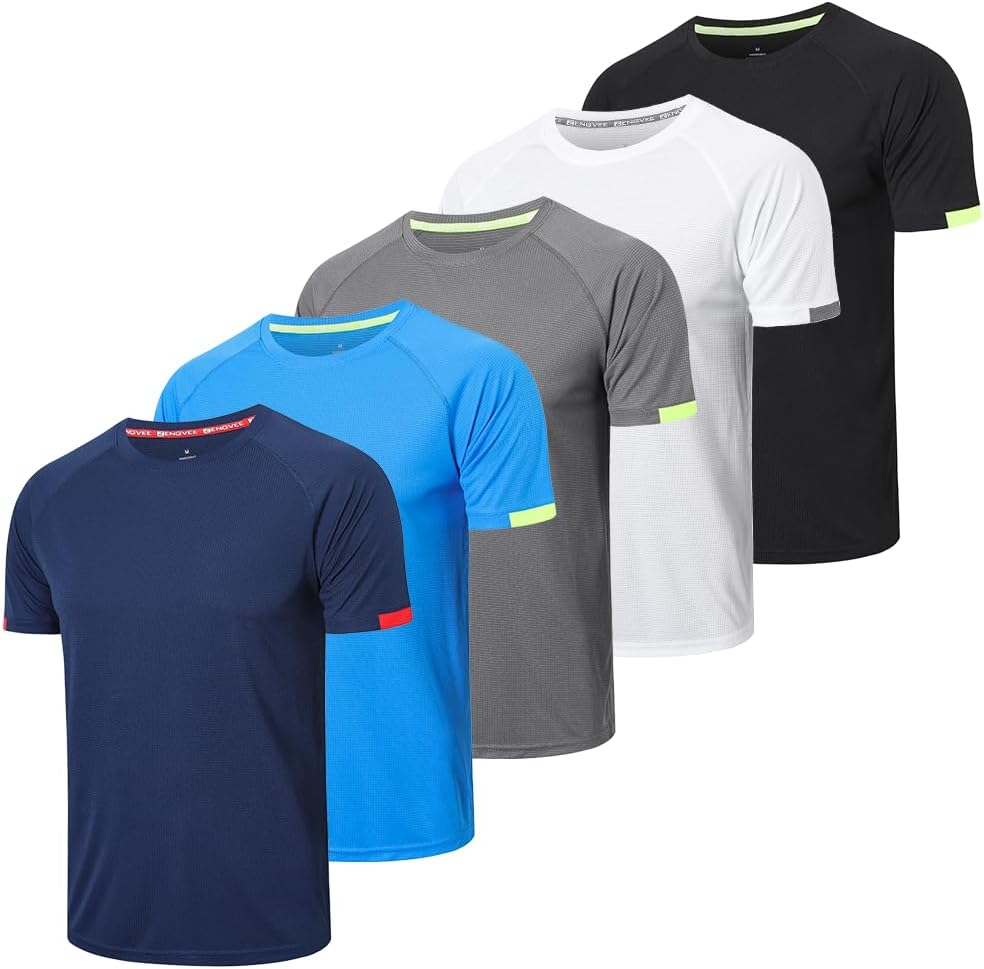 HUAKANG 5 Pack Men'S Workout Shirts Quick Dry Athletic Gym Tops Moisture Wicking Anti-Odor Breathable Tee Short Sleeve Sports T-Shirts for Outdoor Running Sportswear