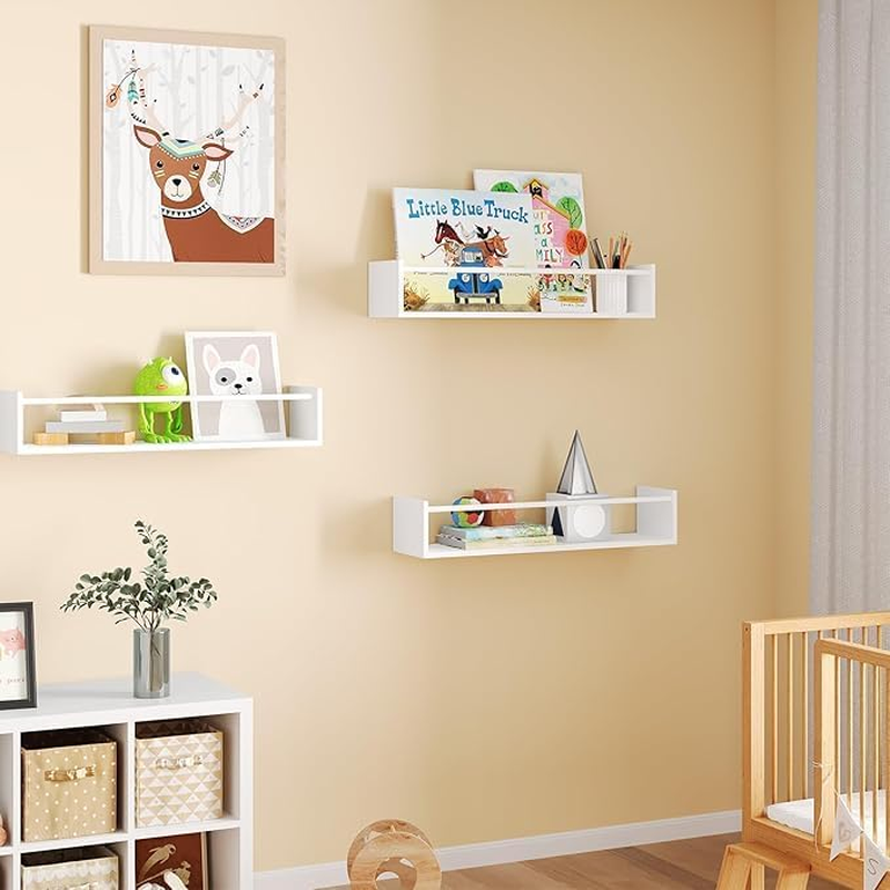Kids Room Nursery Book Shelves for Wall Set of 3, Floating Kids Bookshelf for Girls Boys Bedroom, Wood Hanging Book Shelf and Toy Storage for Baby Toddler Childrens (All White) image number 2