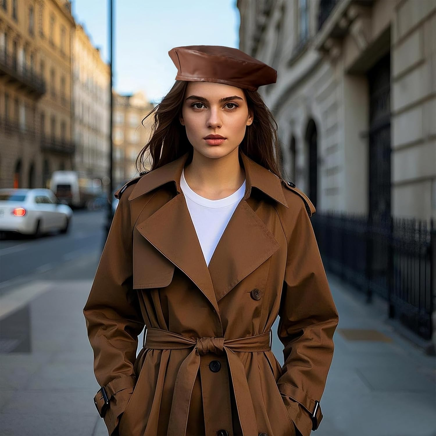 PU Leather Beret French Beret for Women Brown image number 3