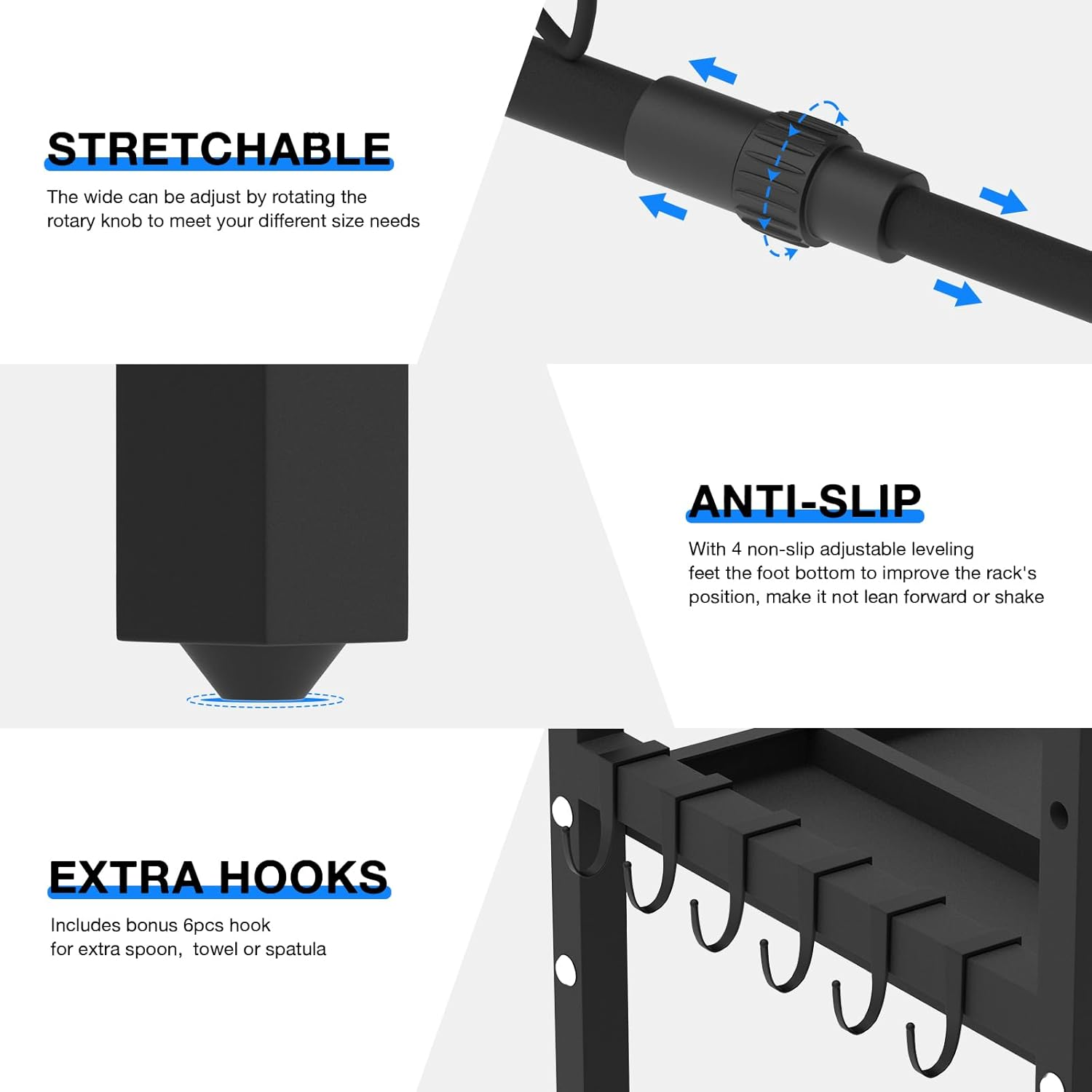 DULCE DOM Expandable Microwave Shelf, 2-Tier Adjustable Microwave Oven Rack, Space Saving Kitchen Counter Shelf for Kitchen Organizers and Storage, 45 KG Load Bearing, with 6 Hooks (2 Tier) image number 1