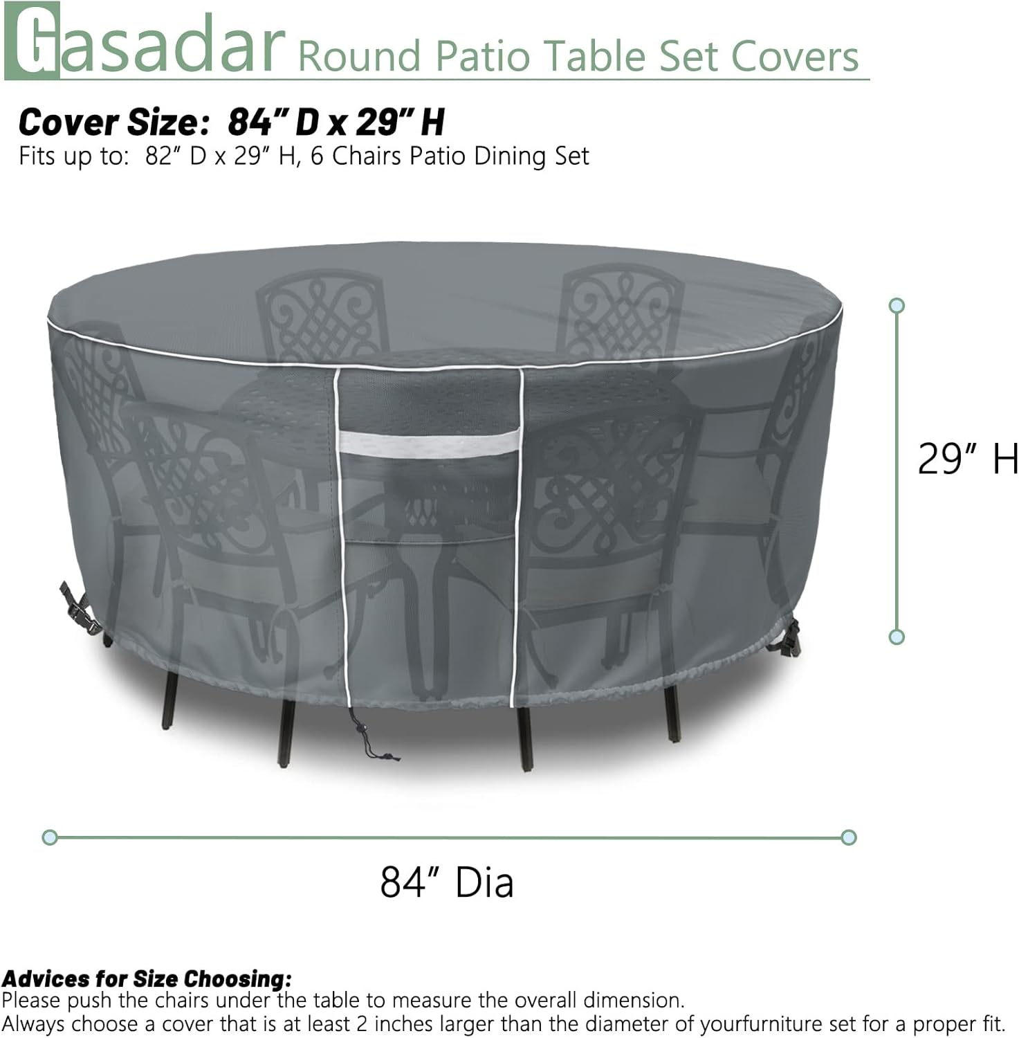 Patio Furniture Covers Waterproof, round Outdoor Furniture Cover, 500D Heavy Duty Patio Table & 6 Chairs Set Cover, All Weather Protection Covers for Outdoor Table Set, 84" Dia X 28" H -Grey image number 5