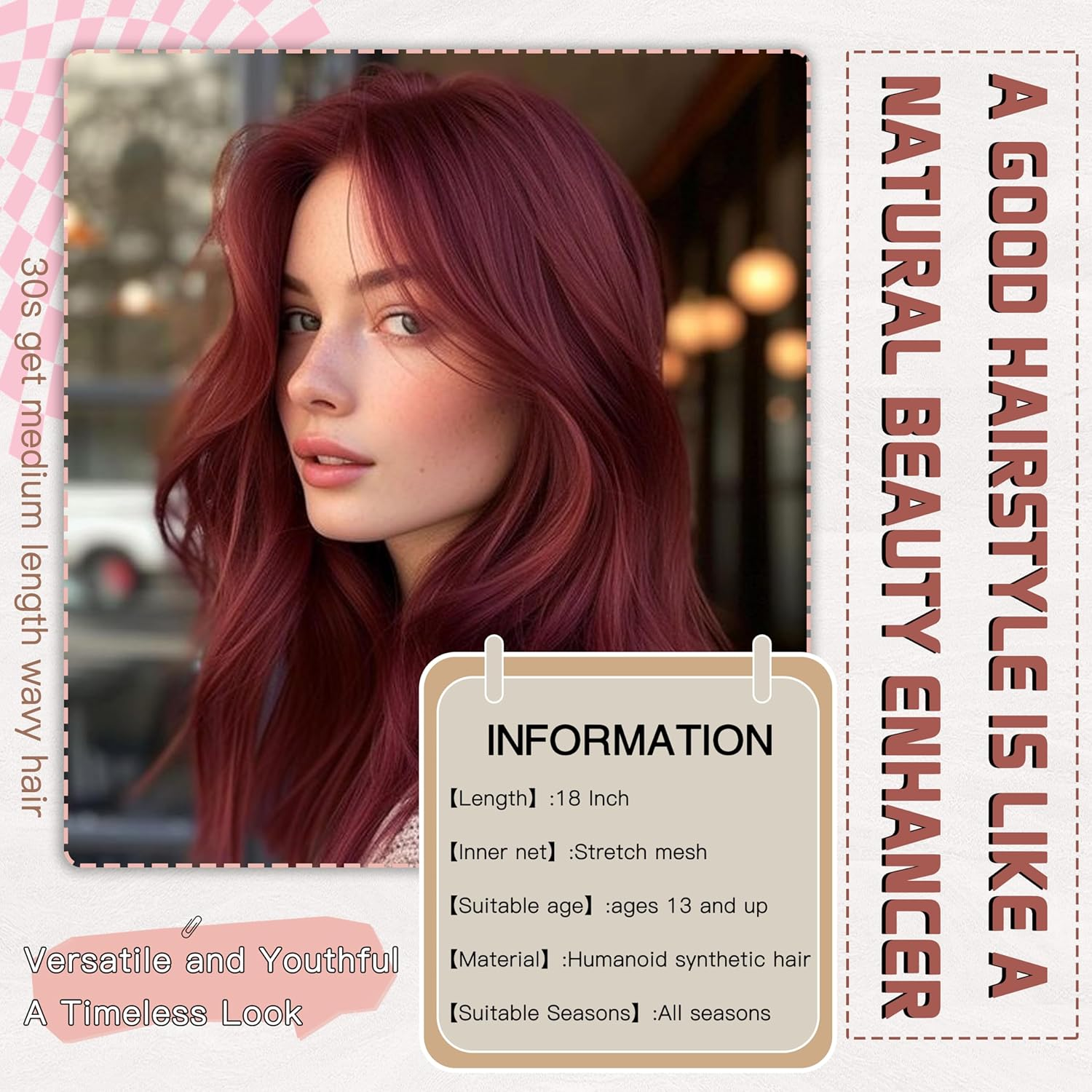 BUPPLER Burgundy Red Wig 45.72 Cm Medium Length Wigs for Women Middle Parting Synthetic Hair Wavy Wig with Improved Strands, Natural Wig for Everyday Party/Halloween