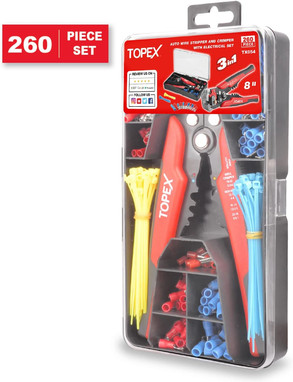 TOPEX 260-Piece Wire Stripper Self-Adjustable Crimper Plier Set Terminals Wire Cutter Connectors Tool image number 1