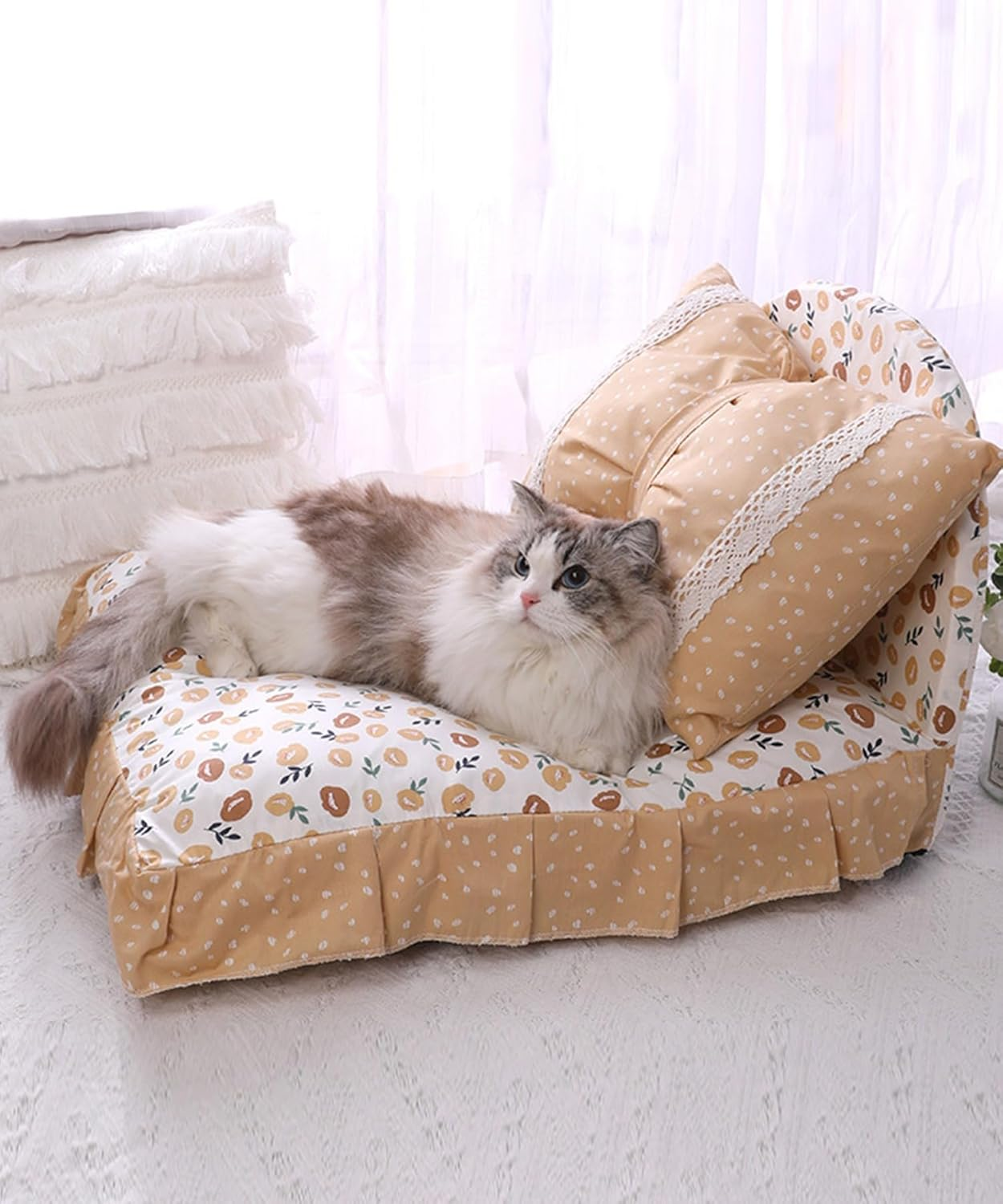Pet Bed, Fluffy, Cute, Dog, Cat, Stylish, Square, All Seasons, Pet Sofa, Pet, Cushion, Pillow, Princess-Style, Ruffle, Pet Bed with Princess-Style Pillow (Beige) image number 6