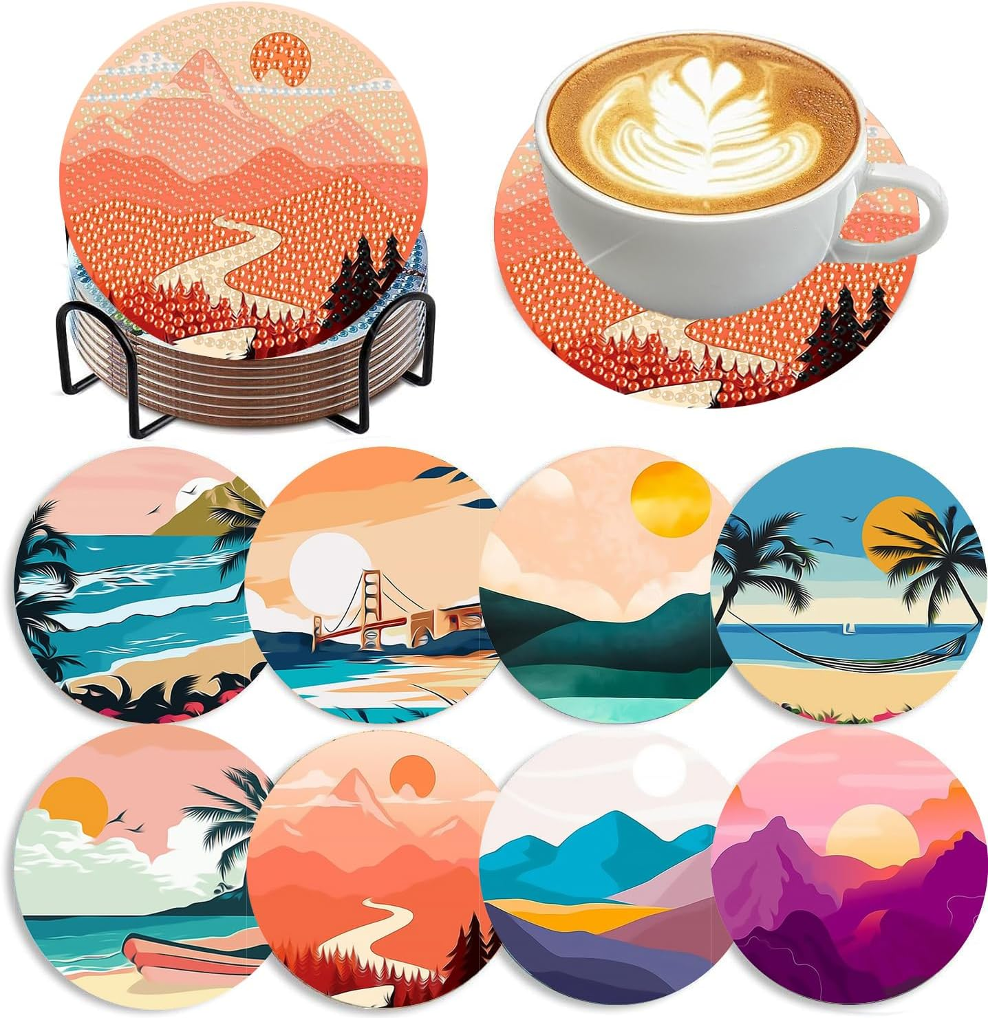 8 Pcs Diamond Art Coasters Moon Diamond Painting Coasters Kits with Holder Cork Pads DIY Moon Diamonds Art Painting Coaster Set for Adults Beginners Crafts Supplies