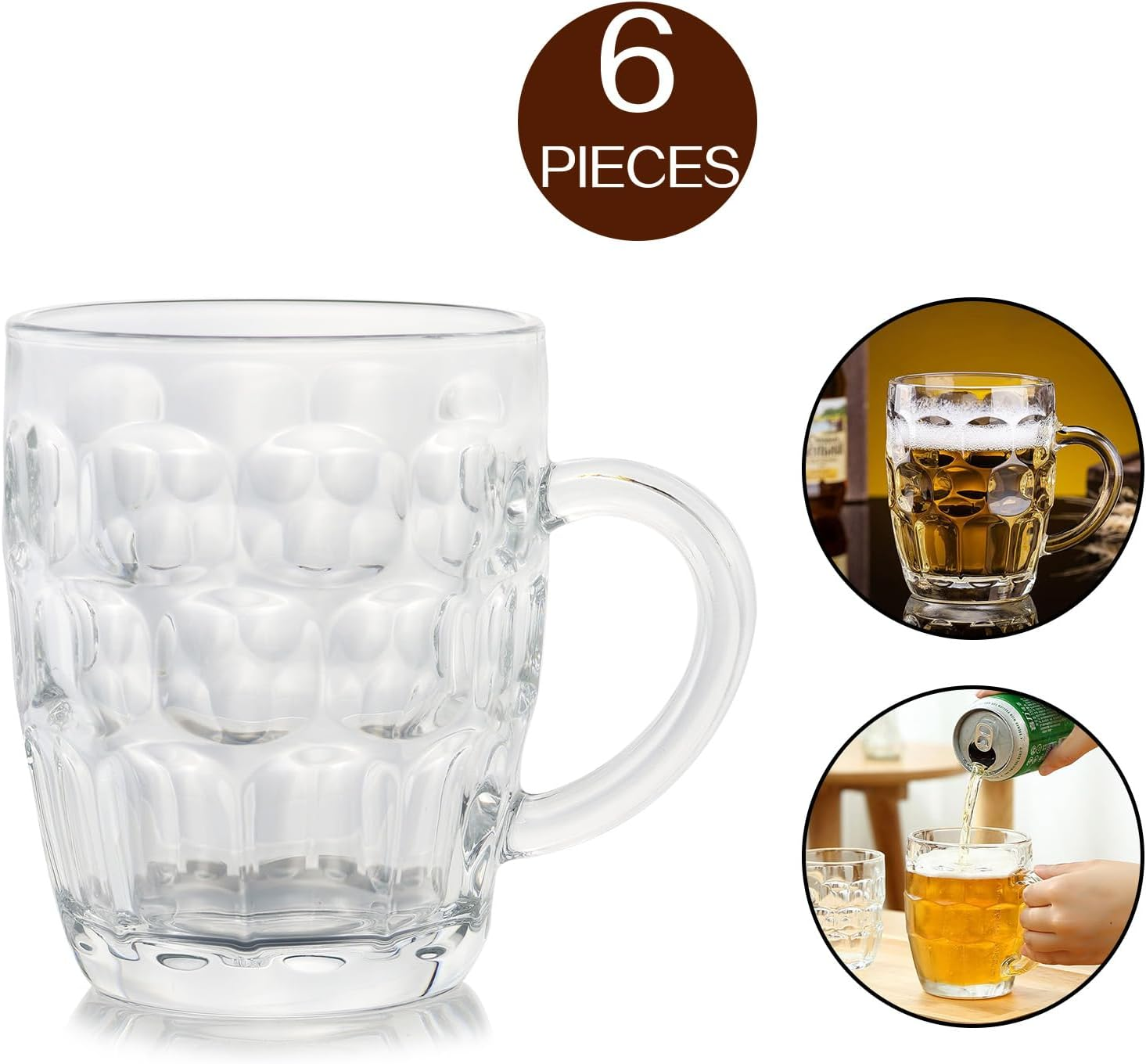 6 Pcs Glass Beer Mugs Large Beer Lead-Free Steins with Handle Traditional Stein for Bar Alcohol Coffee Teas Hot Cold Beverge