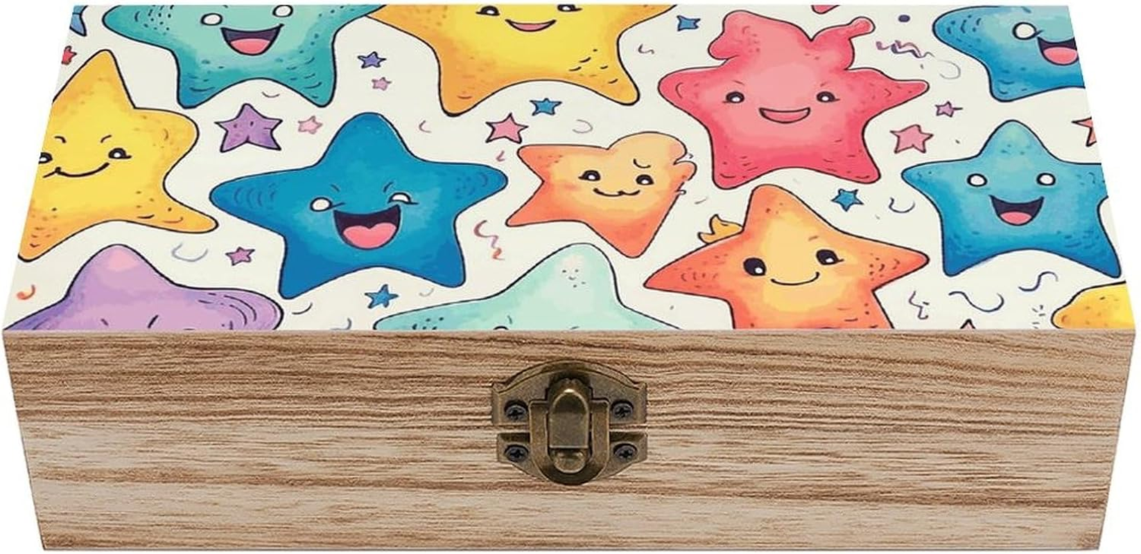 Colorful Stars Wooden Box Wood Wedding Keepsake Boxes with Lids Small Decorative Boxes Lightweight Wooden Memory Storage Box for Crafts Keepsakes Jewelry Photo Letter Storage image number 1