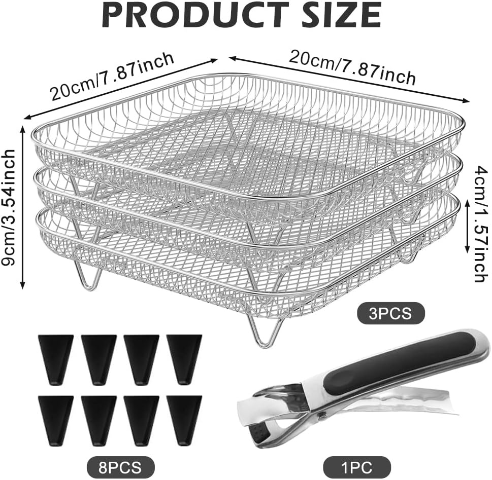 3 Layer Air Fryer Rack,8X8 Inch Air-Fryer Rack Accessories with 8 Silicone Feet 1 Anti-Scald Clip,Stainless Steel Grill Dehydrator Rack,Stackable Grill Dehydrator Rack for 5L-7.5L Air Fryers image number 2