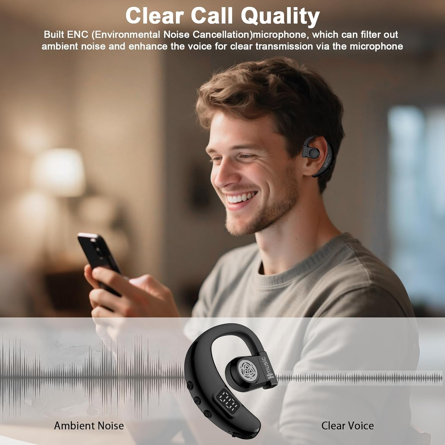 Hmusic I6 Bluetooth Earpiece, V5.4 Bluetooth Wireless Earphones with ENC Mic, 20H Playtime, Open Ear IPX5 Waterproof Headphones, 180&deg; Rotatable Mono Single Ear Headset for Business/Work/Drive, Black image number 2