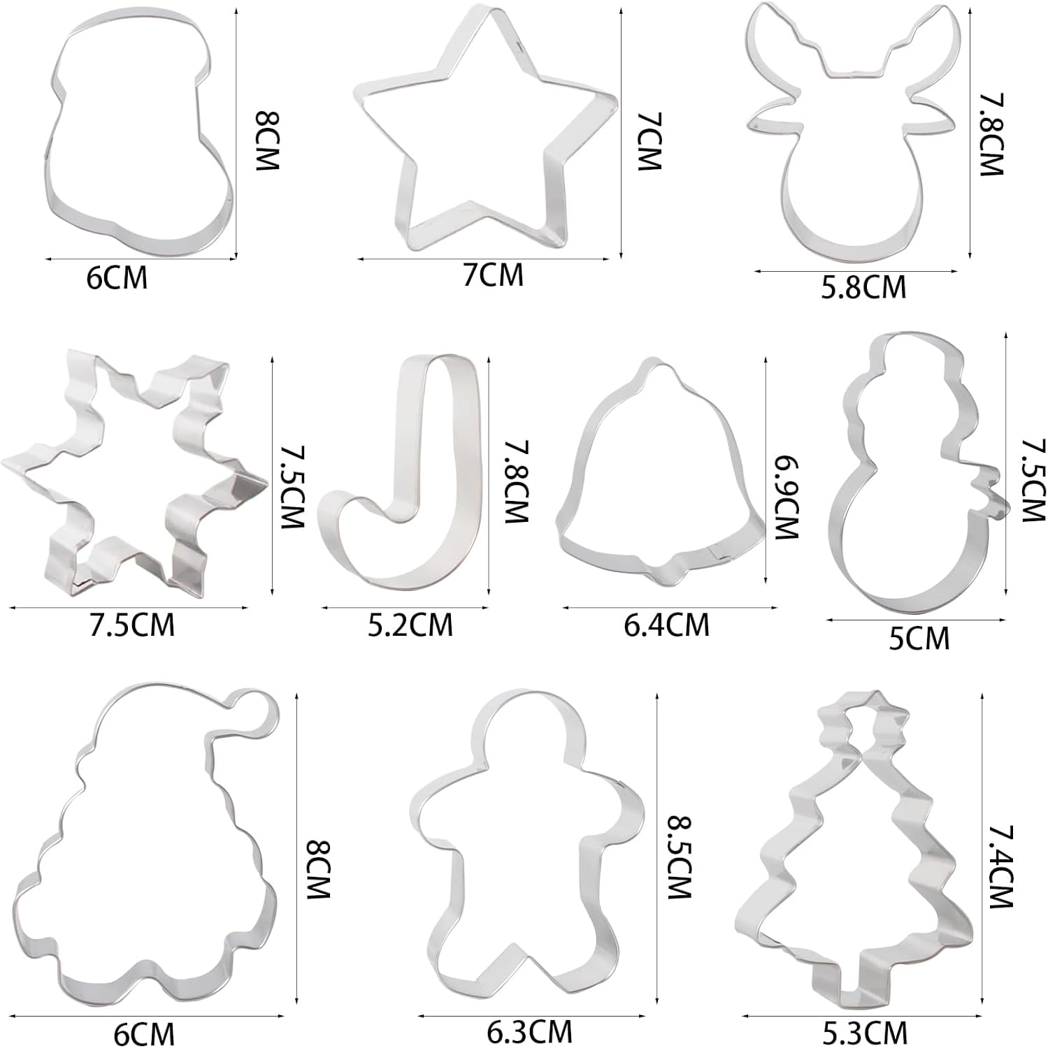 Large Christmas Cookie Cutters, Fyvadio 10 Pcs Holiday Cookie Cutters Shape - Gingerbread Men, Tree, Snowflake, Cane, Santa Face, Star, Deer, Bell, Stocking and Snow Man Cookie Cutters for Baking image number 3