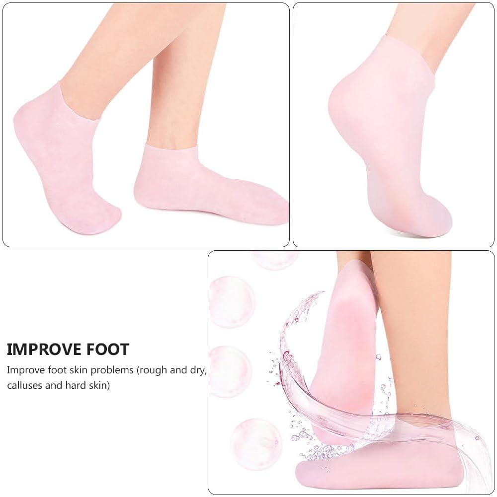 Baluue 2 Pairs Silicone Moisturizing Glove Socks Set, Silicone Gel Glove and Sock Reusable and Washablesilicone Gel Spa Socks Foot and Hand Care after Pedicure Pink image number 3