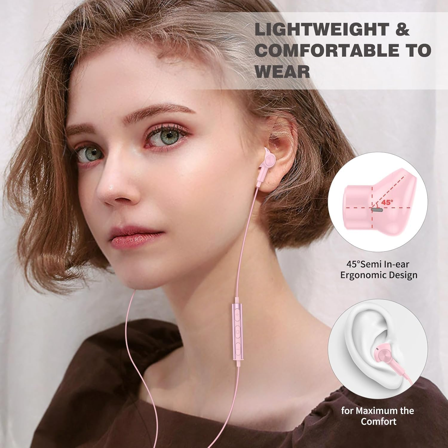 JIGCEN Wired Headphones, Earphones with Microphone, Noise Isolation Corded for 3.5Mm Ear Buds for Iphone, Ipad, Samsung, Computer, Laptop (Pink) - Beige image number 5