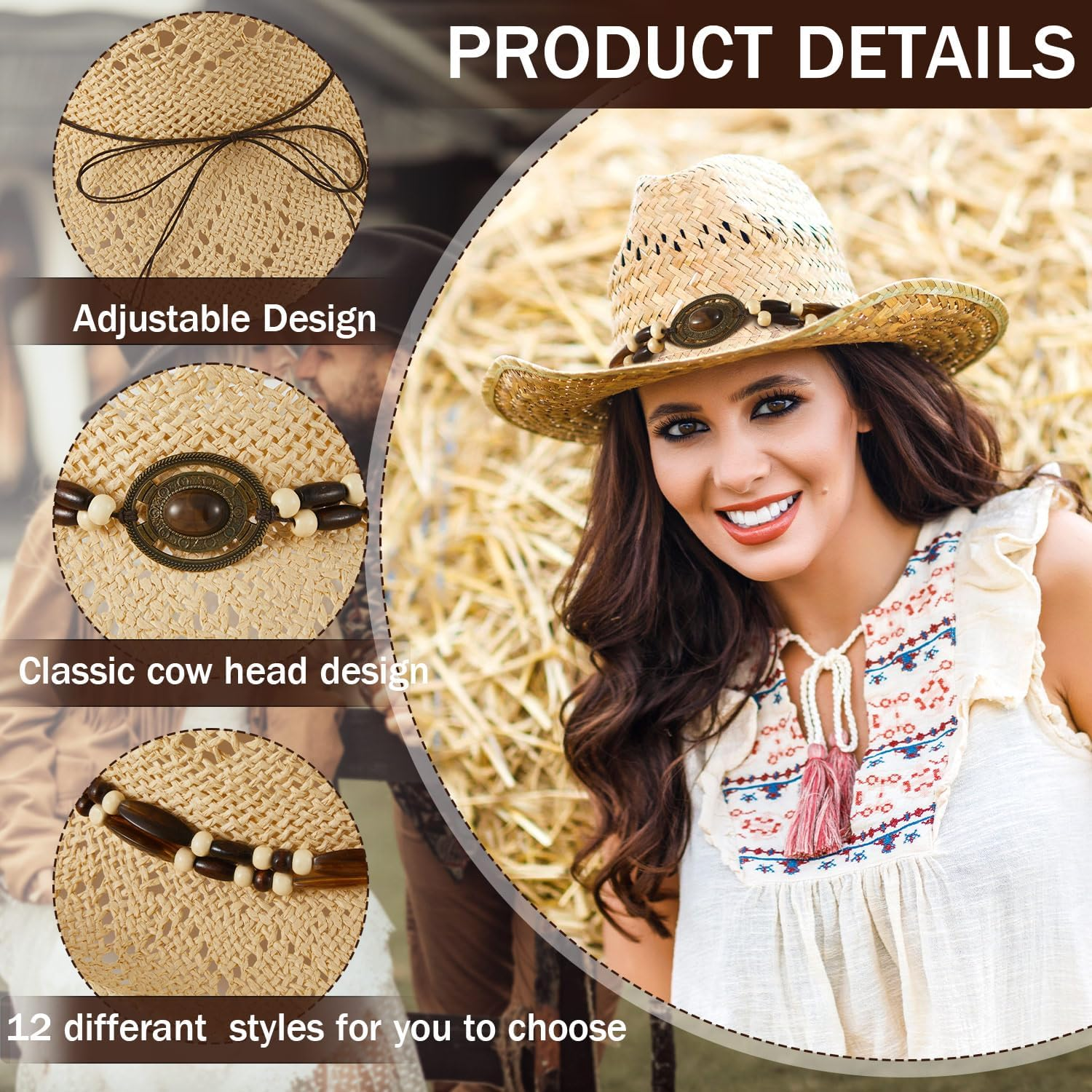 Lyrow 12Pcs Hat Bands for Cowboy Hat Leather Turquoise Beaded Bands Ethnic Western Rural Belts for Women Men Cowgirl(Beads)