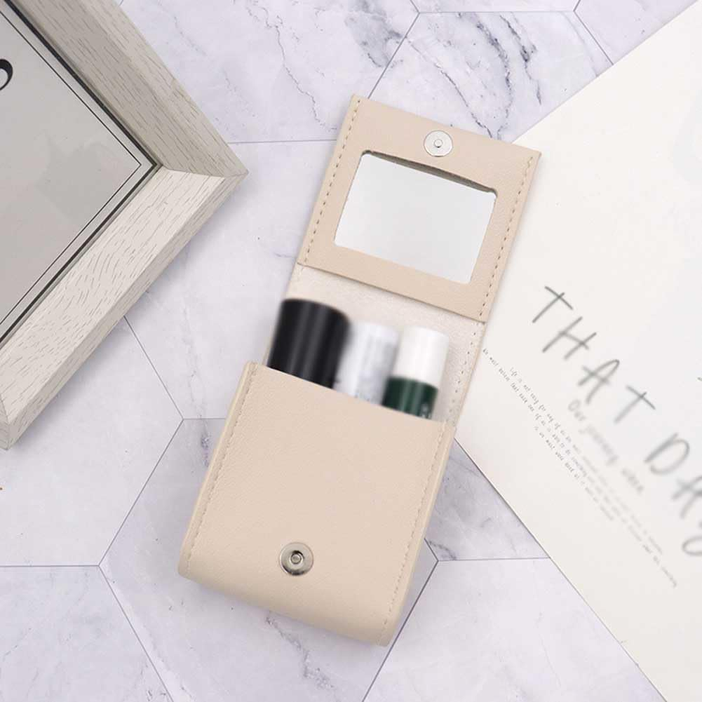 Teensery Leather Lipstick Case Portable Lip Gloss Bag Lip Balm Holder Case Lipstick Storage Box Organizer with Mirror for Women Ladies, 1 Piece, Beige
