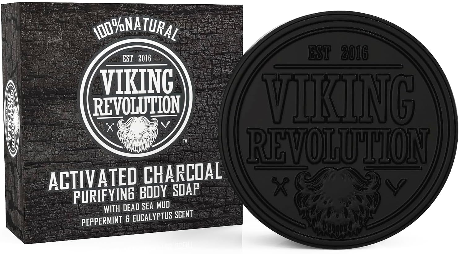 Viking Revolution Skin Cleaning Agent Activated Charcoal Soap for Men W/Dead Sea Mud, Body and Face, Cleanser,Cleansing Blackheads - Peppermint & Eucalyptus Scent 0.7 Fl Oz (Pack of 1)