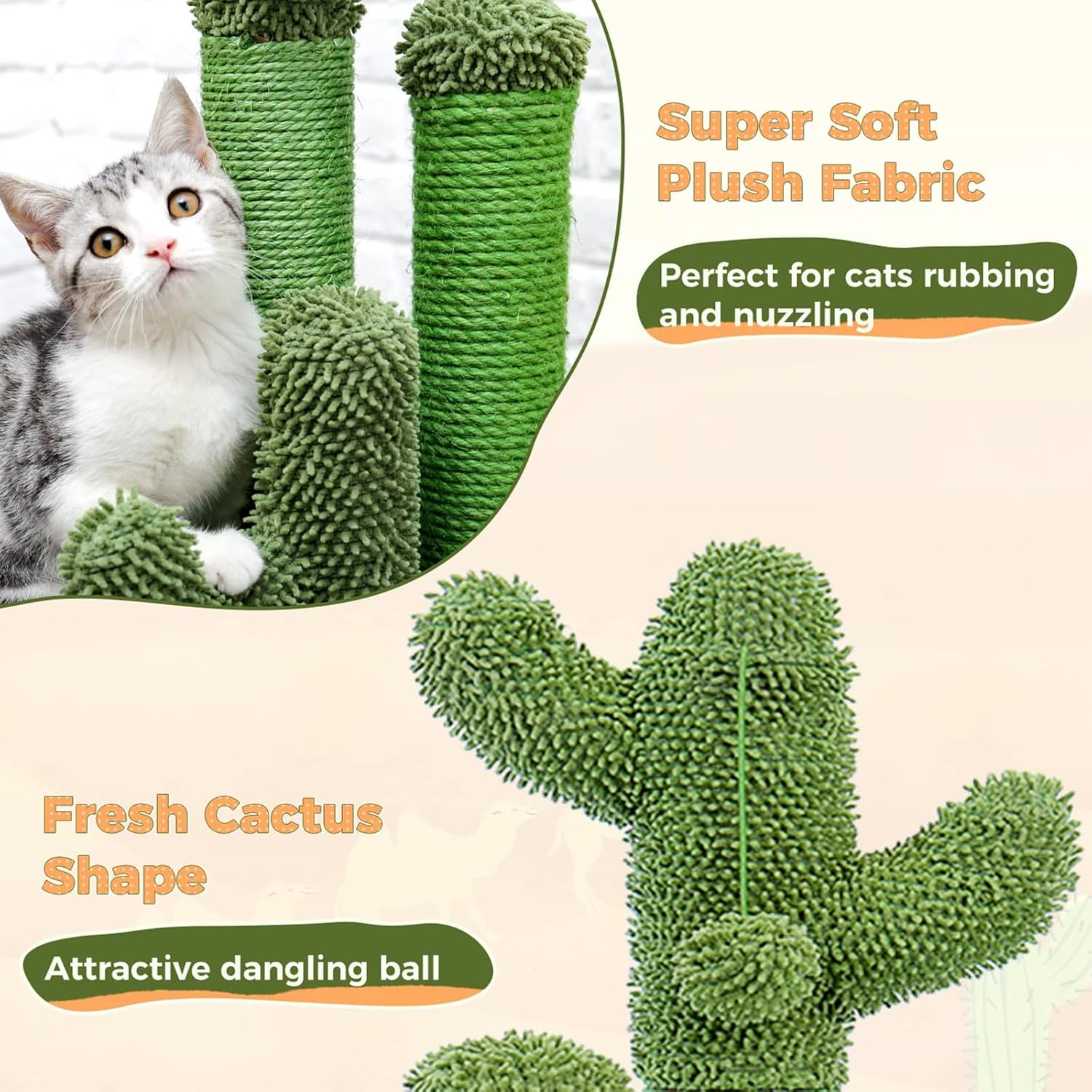 Cozioz Cactus Cat Scratching Post - Medium 53Cm - 3 Scratching Poles with Interactive Dangling Ball ，Cat Tree image number 4