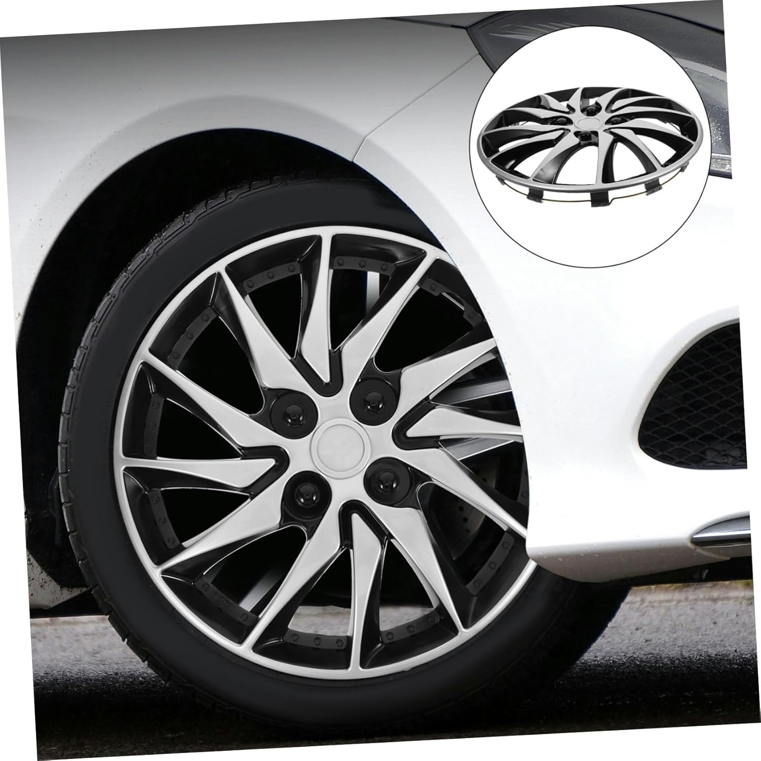 PRETYZOOM 14 Inch Car Hubcap Cover Silver Black, Automotive Wheel Hub Center Cap Replacement for SUV Truck Cars, Sturdy Steel Rim Decorative Wheel Cover for All-Season Use image number 4