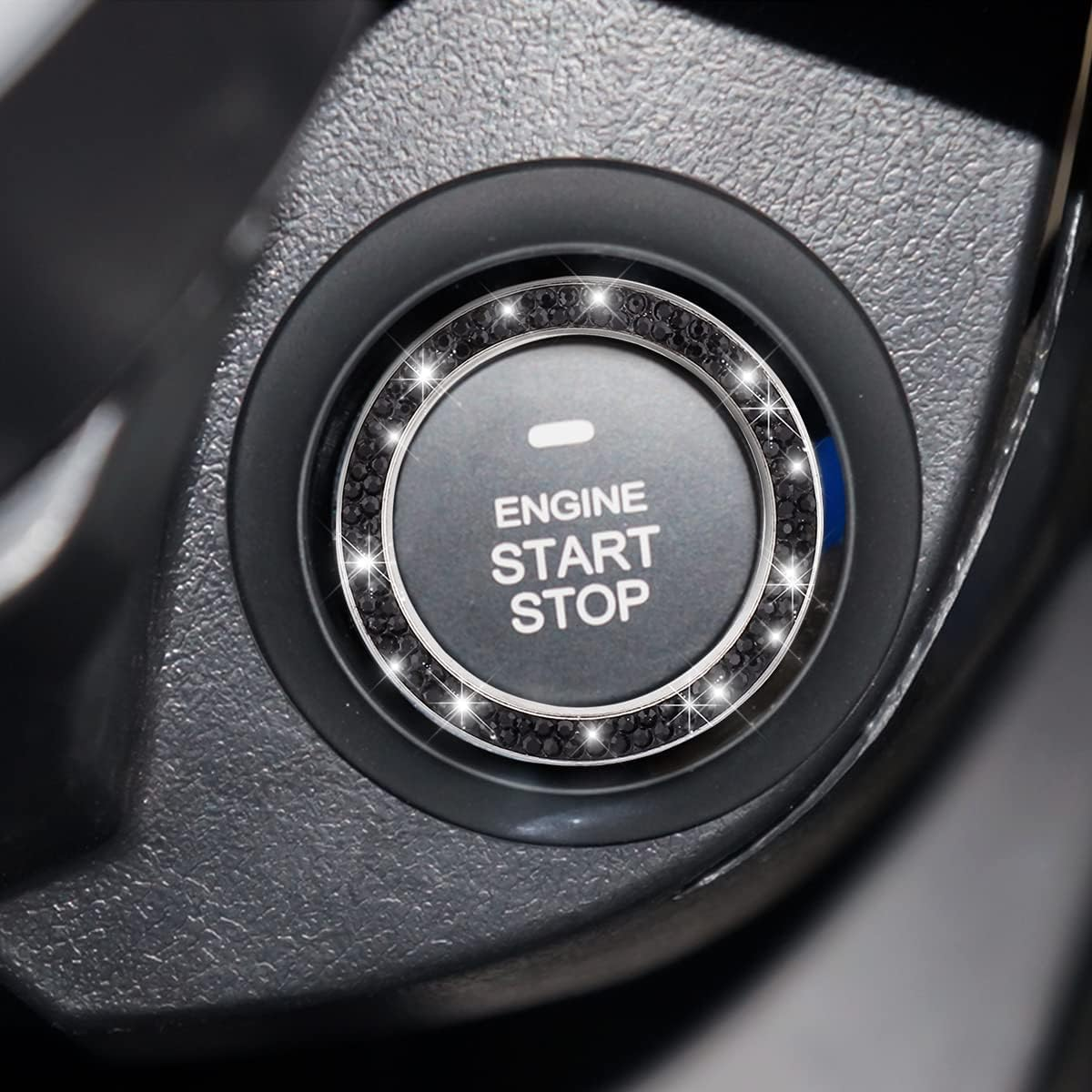 Car Bling Crystal Rhinestone Engine Start Ring Decals, 2 Pack Car Push Start Button Cover/Sticker, Key Ignition Knob Bling Ring, Sparkling Car Interior Accessories for Women (Black)