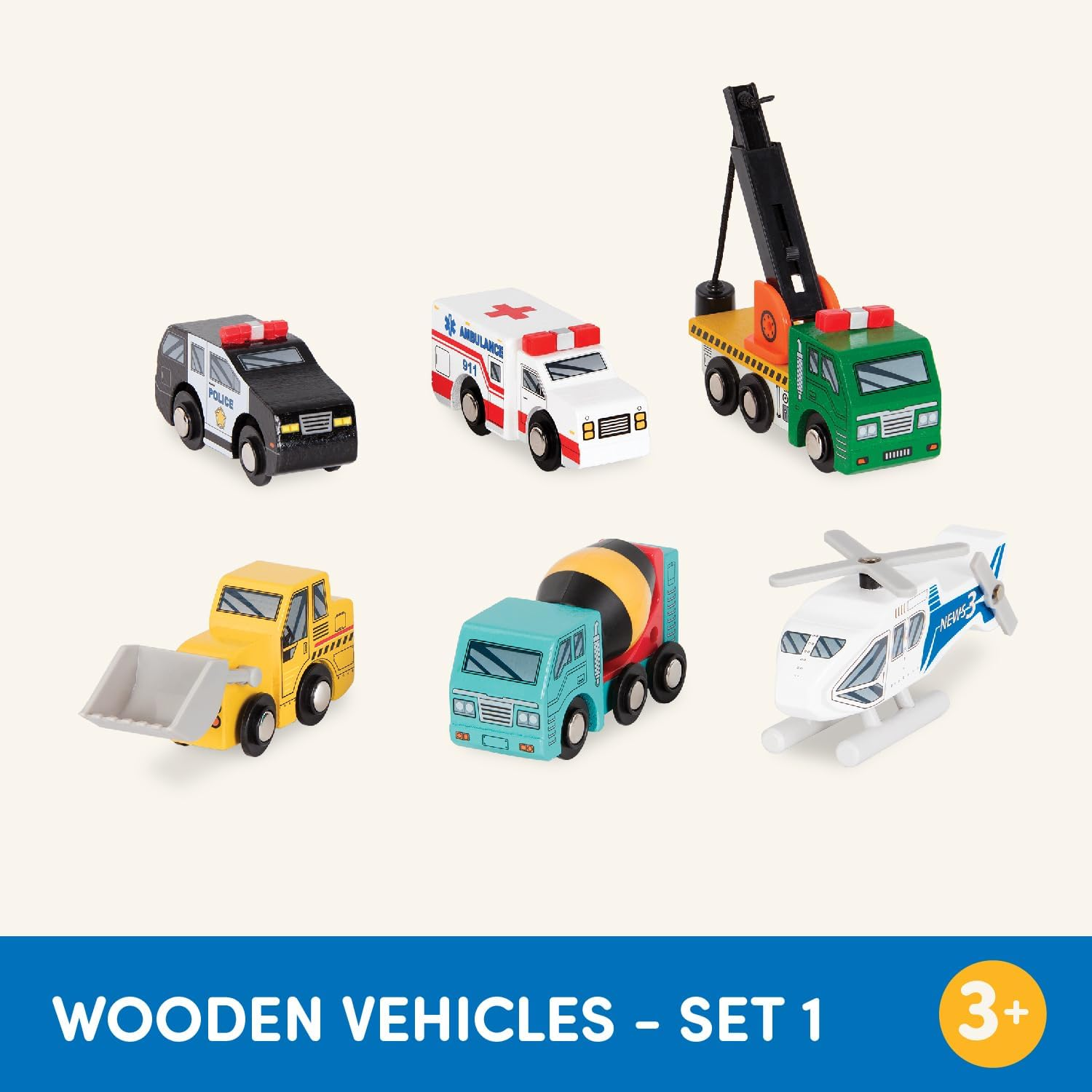Battat - Wooden Vehicles &ndash; Miniature Wooden Toys, Including Toy Cars, Toy Trucks, Toy Helicopter & Ambulance, for Kids Age 3-Year-Old & up (6-Pcs) BT2635Z
