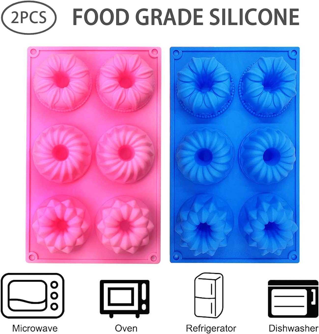 SAGOOITS Silicone Mini Bundt Cake Pans, 6-Cavity Fluted Tube Cake Pan, Non-Stick Silicone Baking Mold for Cupcakes, Donuts, Cornbread, Brownies, Jellies-2 Packs (Pink, Blue)