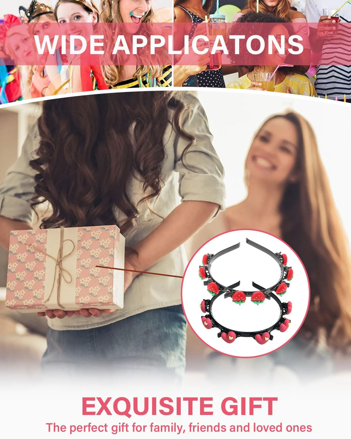 FUGLUS 2 X Fashion Headbands for Women, Braided Headbands with Clips, Hair Twister Headband for Double Bangs Hairstyles, for Women and Girls, Strawberry/Heart image number 5