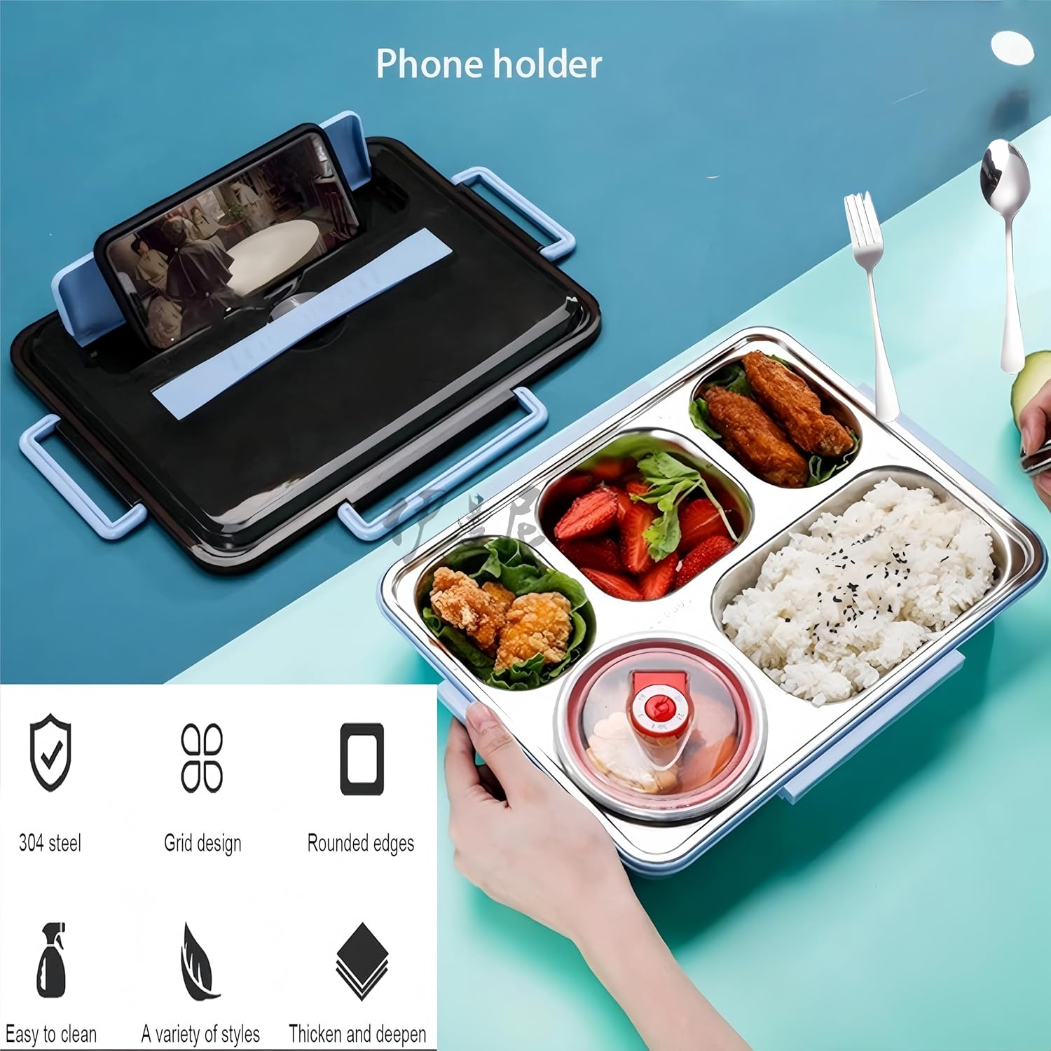Febohao Stainless Steel Lunch Box Adult 2000Ml Reusable Smash Bento Box Leak Proof Insulated Food Snack Container with Lid Meal Prep image number 4