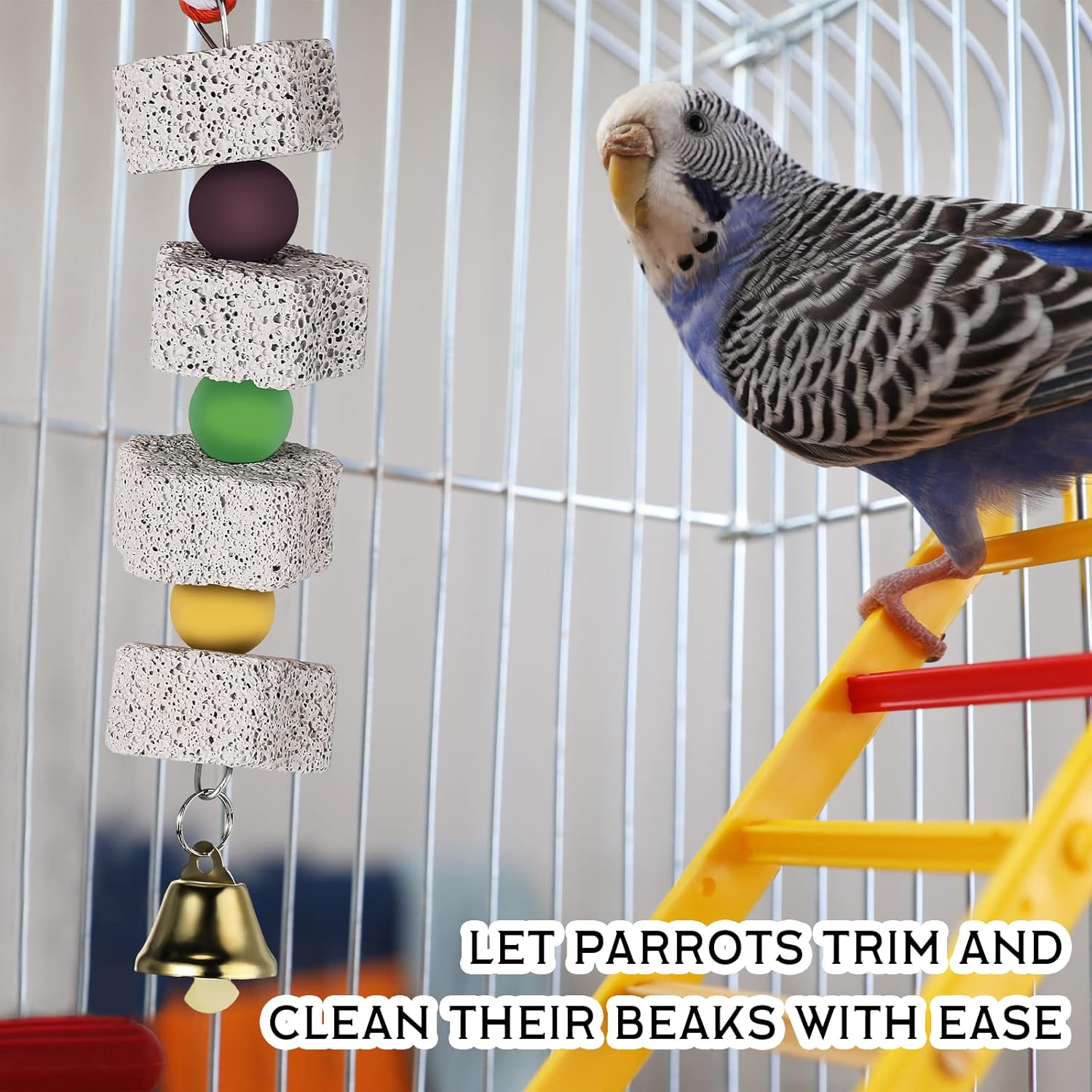 Sanwuta 4 Pack Bird Beak Grinding Stone with Bell Parrot Chewing Toy Parrot Beak Stone Lava Block Calcium Stone Bird Cage Accessories for Parakeet Cockatiel Conure Hamster Chinchilla Rabbit image number 5
