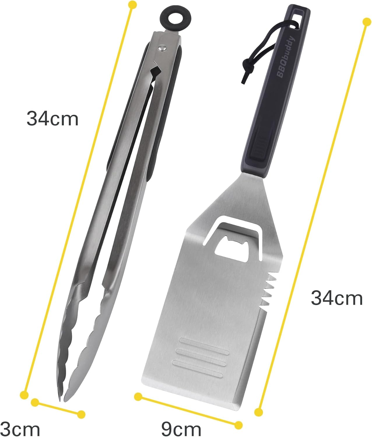 BBQ Buddy 2 Piece Tool Set - Tongs and Grill Spatula for Outdoor Grill - Stainless Steel BBQ Set with Ergonomic Handles and Bottle Opener - BBQ Tools