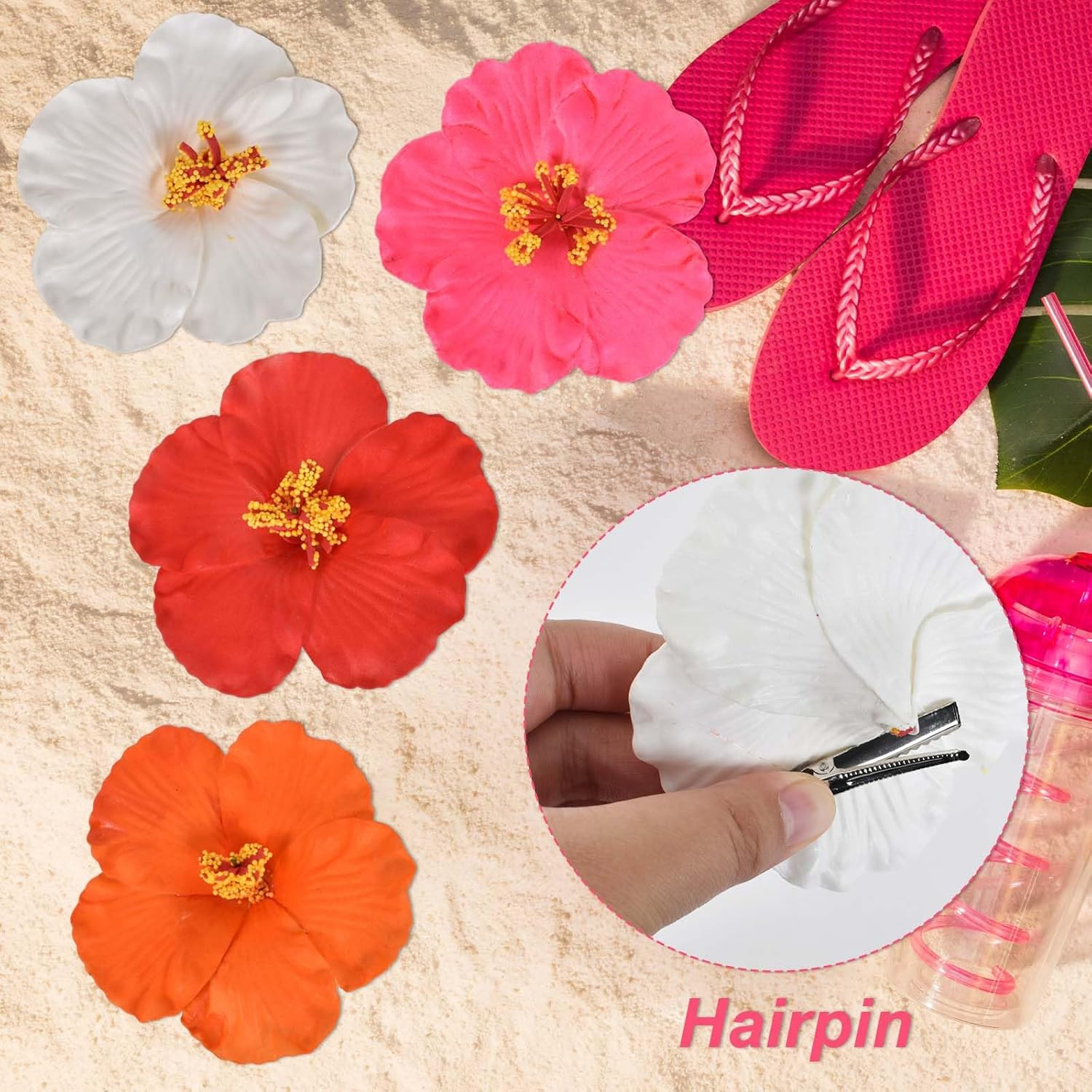 Tropical Flowers Hair Clip, Pack of 4 Hair Clips with Hawaiian Flowers, Hawaiian Plumeria Hair Clip, Hibiscus Flower Clip for Women, for Wedding, Holiday, Beach Party, 4 Colours image number 1