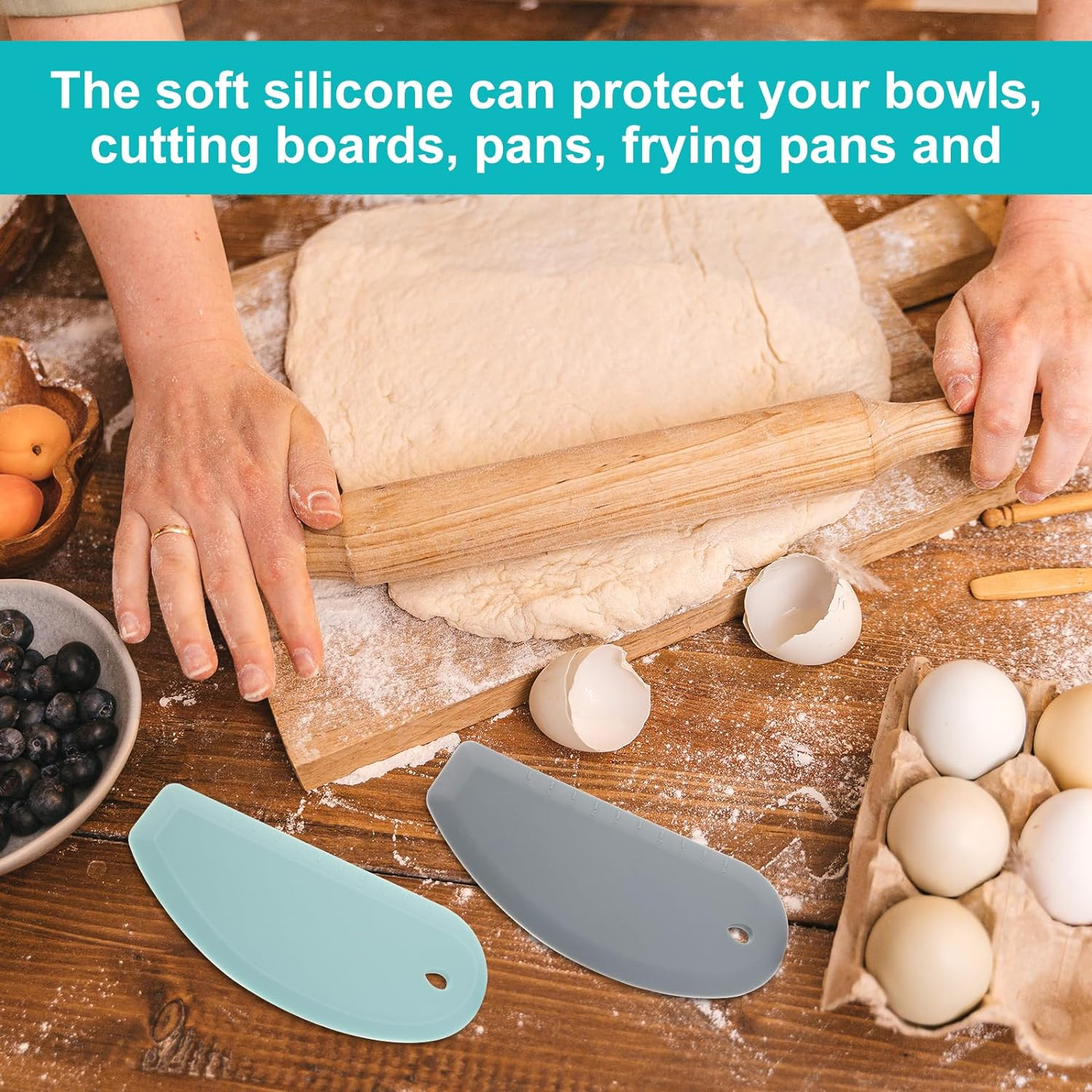 2Pcs Silicone Dough Scrapers, 6.77X3.03" Dough Bowl Scrapers Multifunctional Silicone Pastry Scraper Kitchen Bowl Scraper Gadget for Baking Cake Bread Pizza (Gray + Green) image number 2