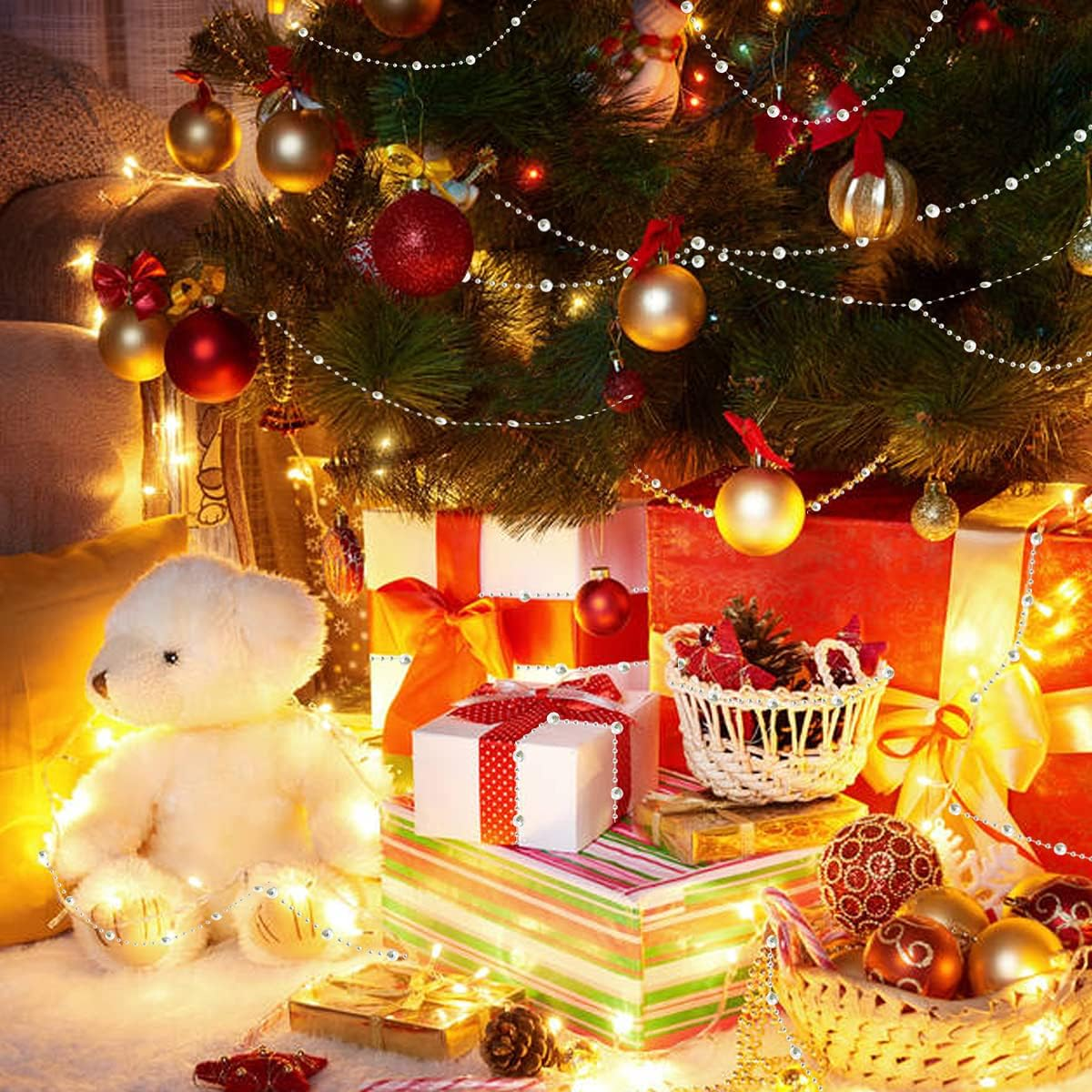 Christmas Tree Beads Garland Decoration,66 Feet Silvery Pearl Strands Chain for Christmas Tree Decor,Crafts and Holiday D&eacute;cor - Gold image number 6